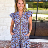 Blue & Brown Floral Midi Dress-500 Midi-ENTRO-July & June Women's Fashion Boutique Located in San Antonio, Texas