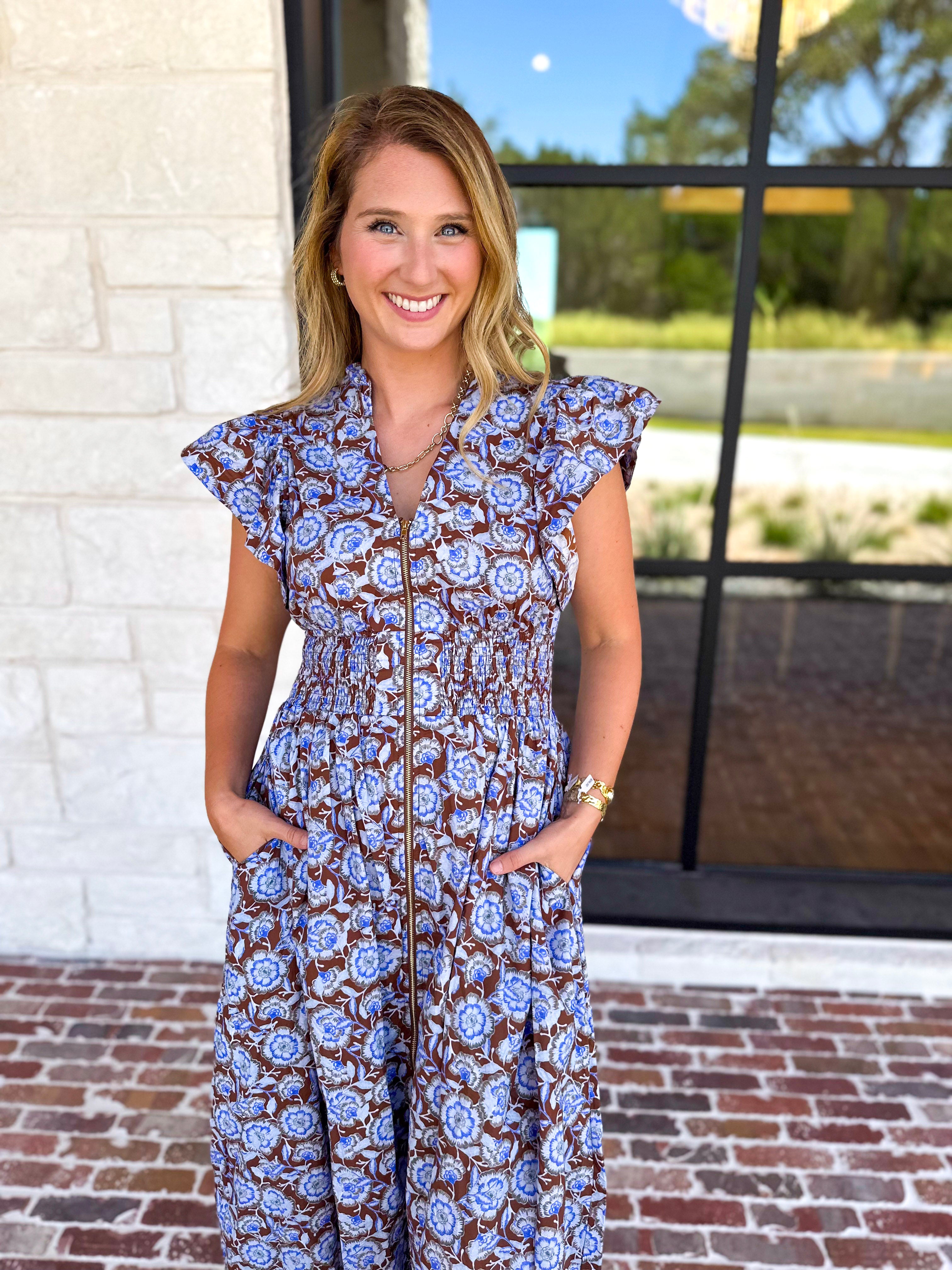 Blue & Brown Floral Midi Dress-500 Midi-ENTRO-July & June Women's Fashion Boutique Located in San Antonio, Texas