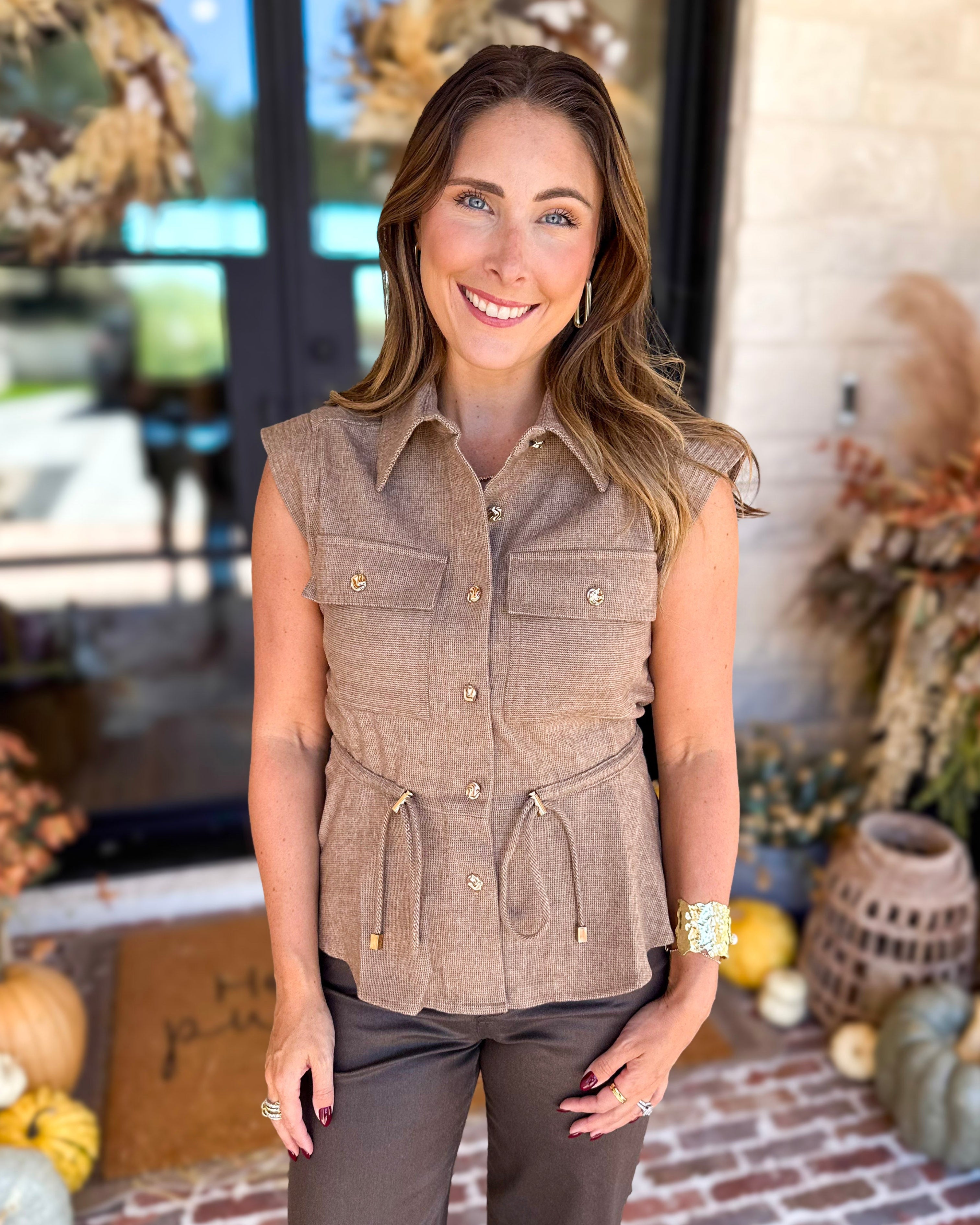 Street Chic Utility Cinched Blouse-200 Fashion Blouses-STRUT & BOLT-July & June Women's Fashion Boutique Located in San Antonio, Texas