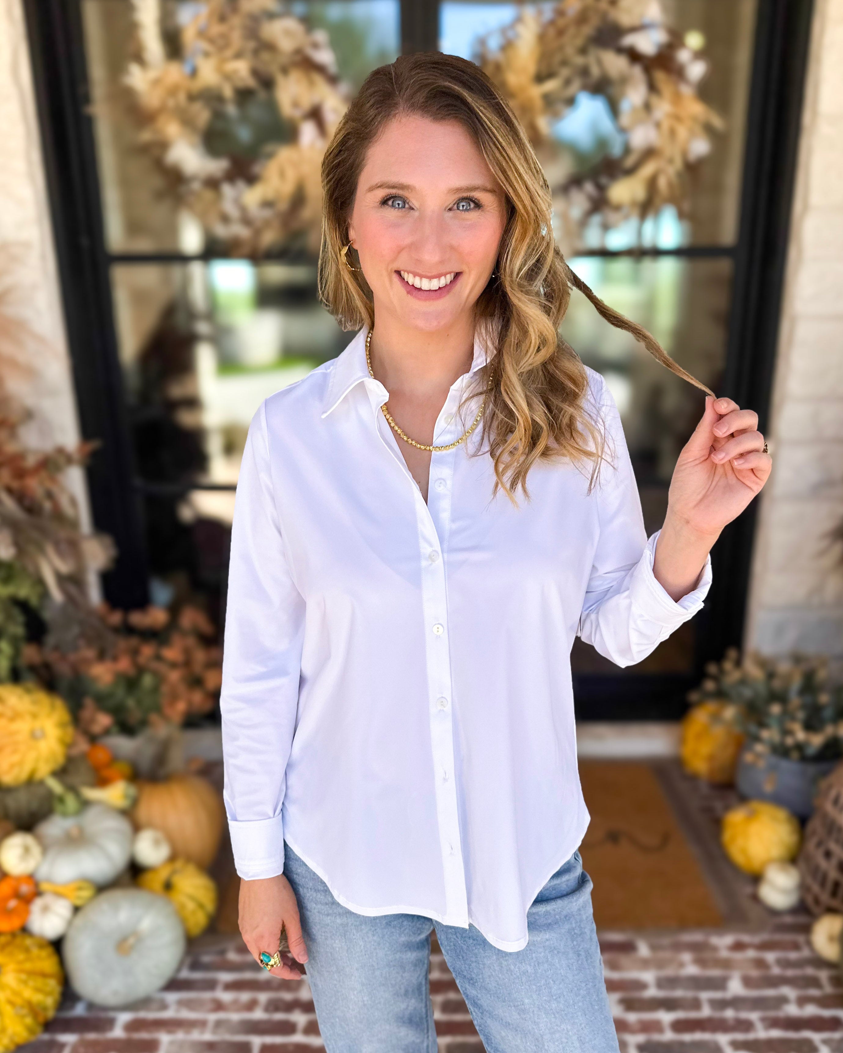 Liverpool - The Classic White Button Down-200 Fashion Blouses-LIVERPOOL JEANS COMPANY-July & June Women's Fashion Boutique Located in San Antonio, Texas