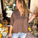 Heathered Brown Oversized Blouse-200 Fashion Blouses-ENTRO-July & June Women's Fashion Boutique Located in San Antonio, Texas