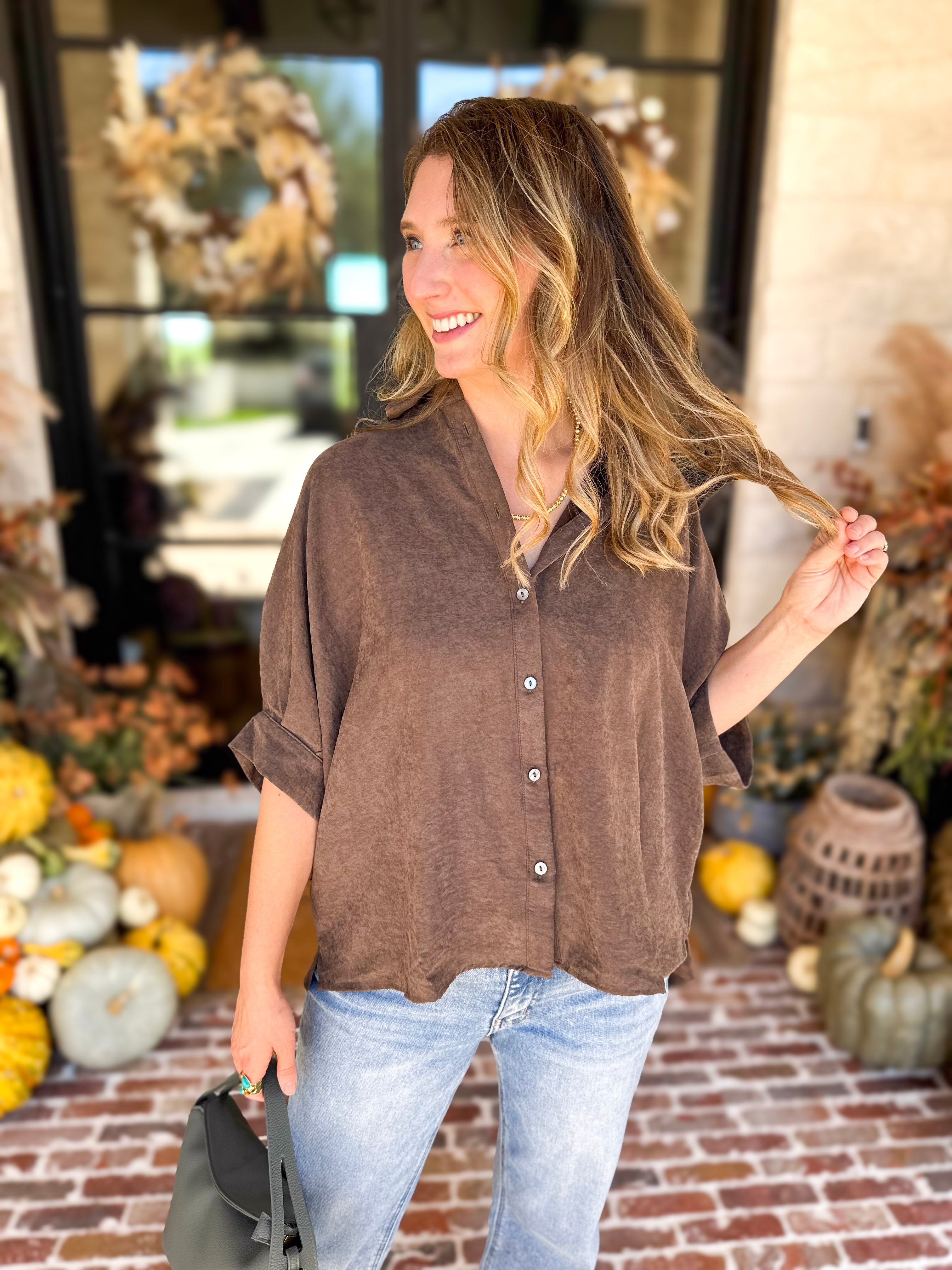 Heathered Brown Oversized Blouse-200 Fashion Blouses-ENTRO-July & June Women's Fashion Boutique Located in San Antonio, Texas