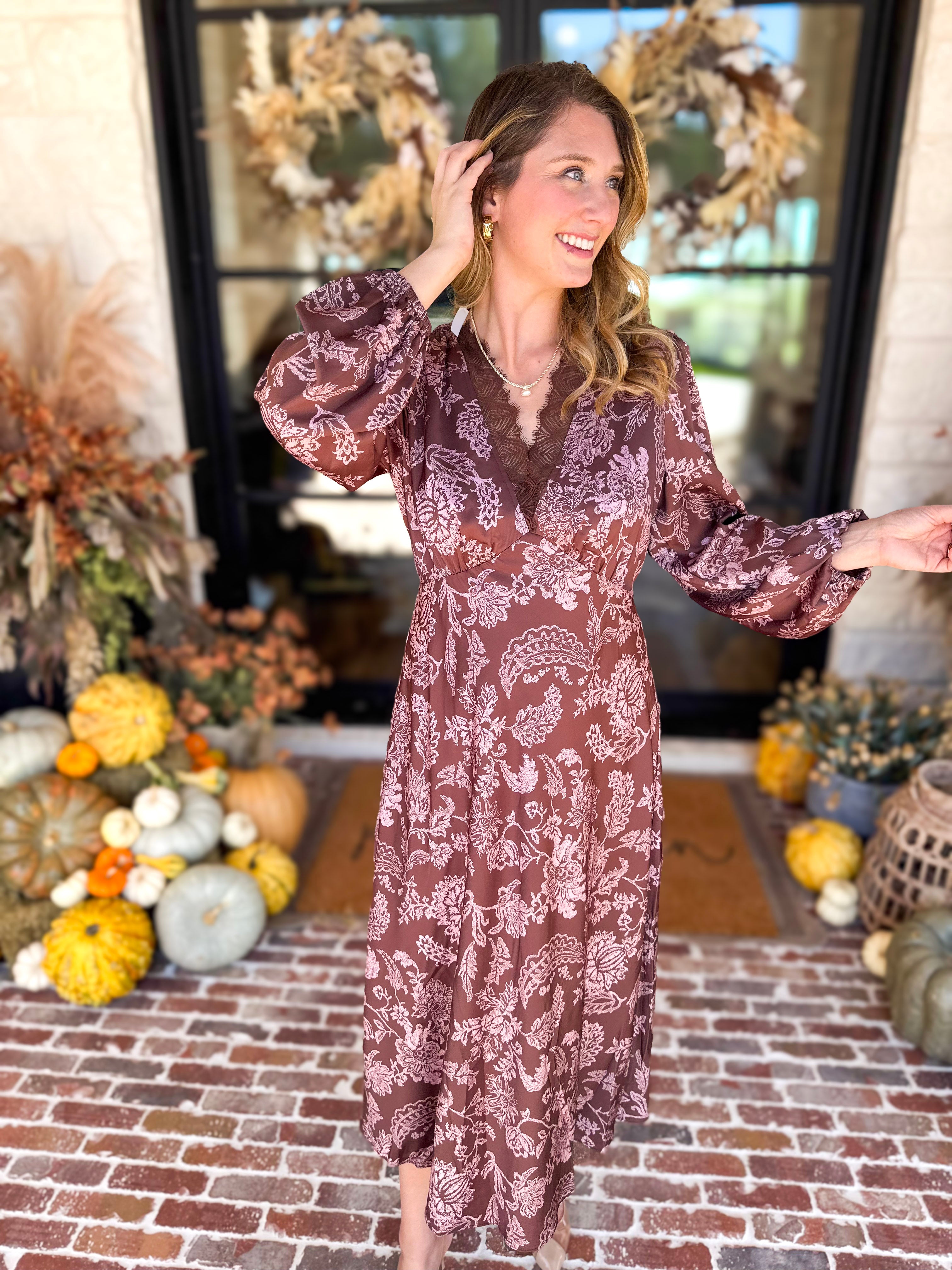 Current Air - Mocha Rose Satin Midi Dress-500 Midi-CURRENT AIR CLOTHING-July & June Women's Fashion Boutique Located in San Antonio, Texas