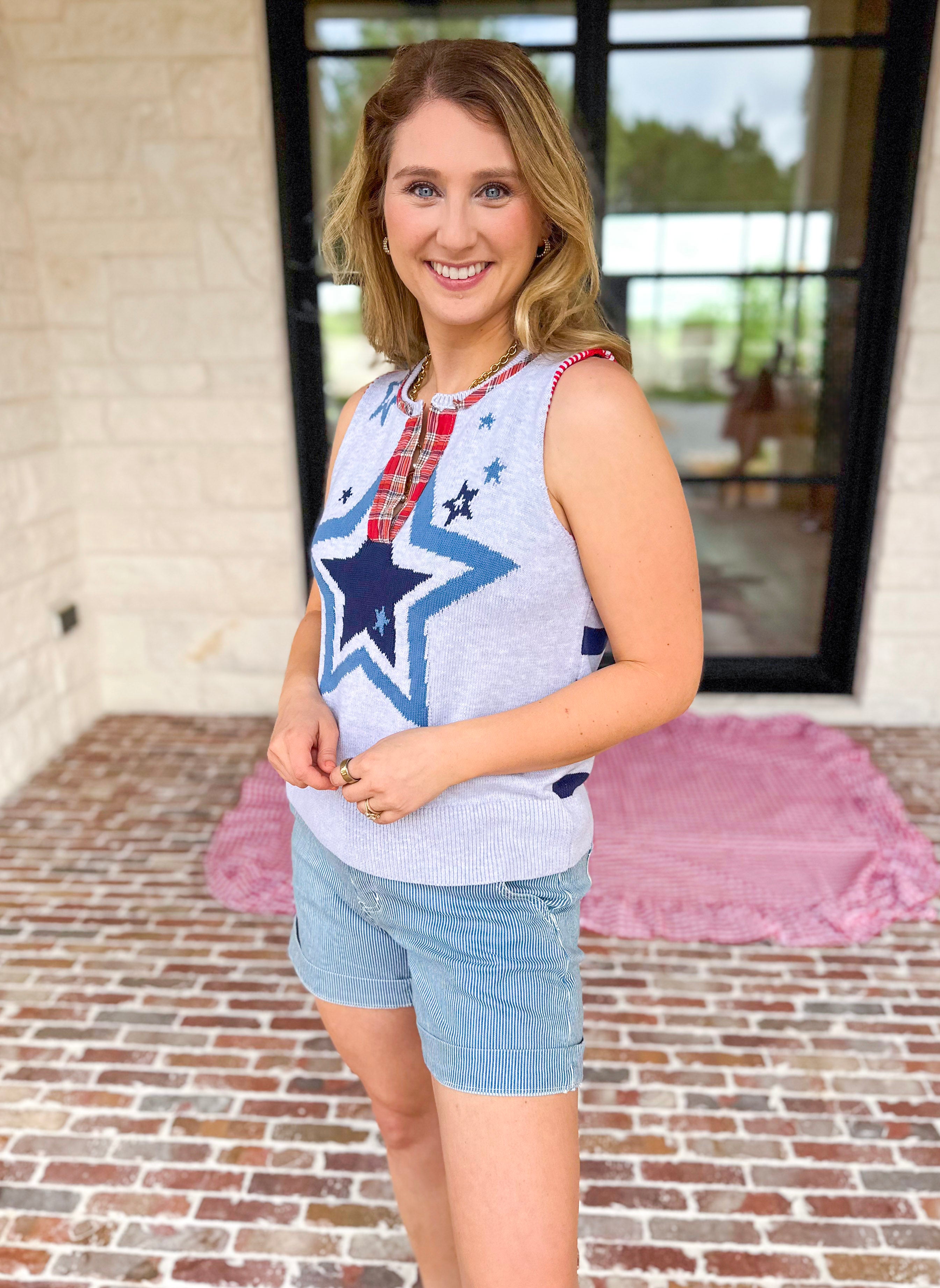 Flannel Patchwork Star Knit Top-230 Sweaters/Cardis-FATE-July & June Women's Fashion Boutique Located in San Antonio, Texas