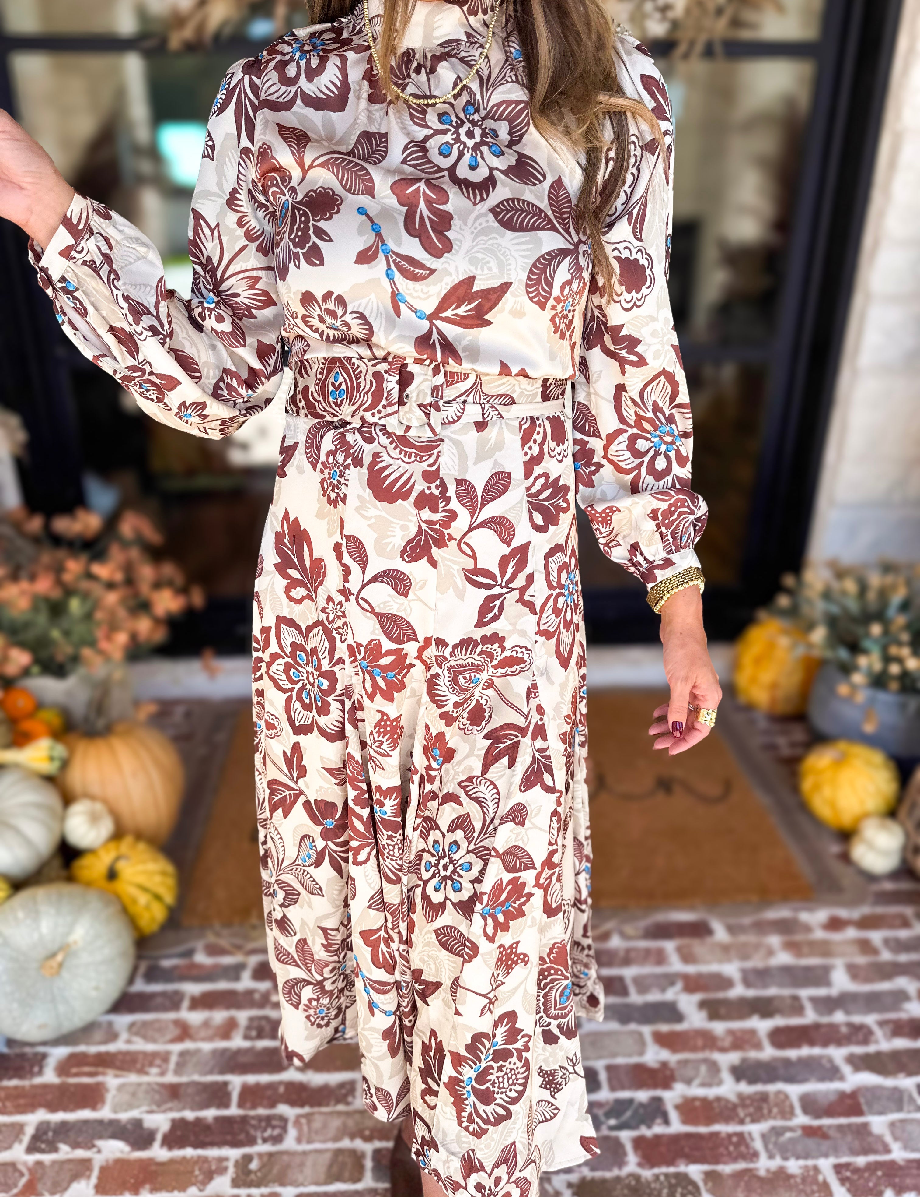 Current Air - Saddlewood Floral Midi Dress-500 Midi-CURRENT AIR CLOTHING-July & June Women's Fashion Boutique Located in San Antonio, Texas