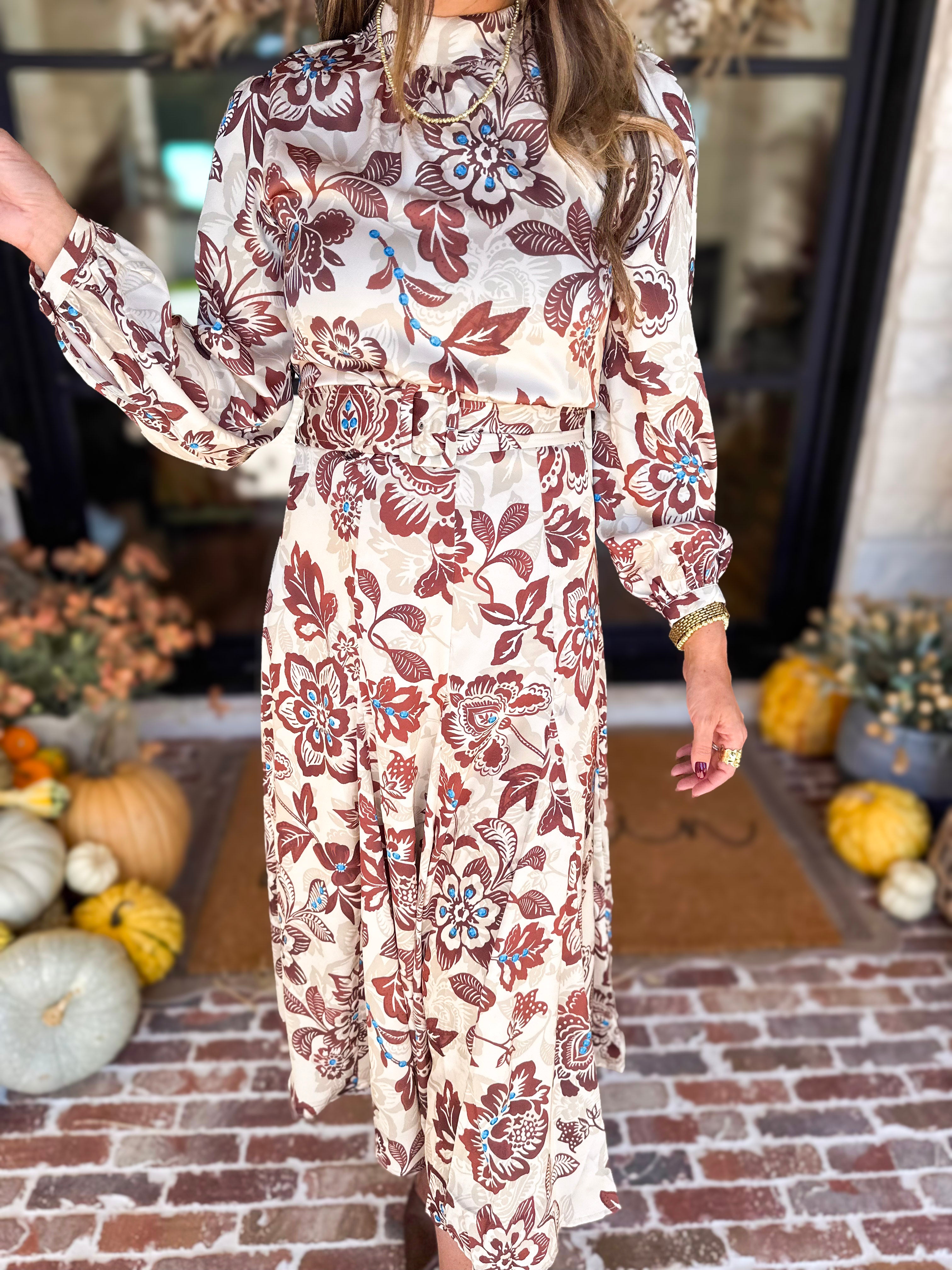 Current Air - Saddlewood Floral Midi Dress-500 Midi-CURRENT AIR CLOTHING-July & June Women's Fashion Boutique Located in San Antonio, Texas