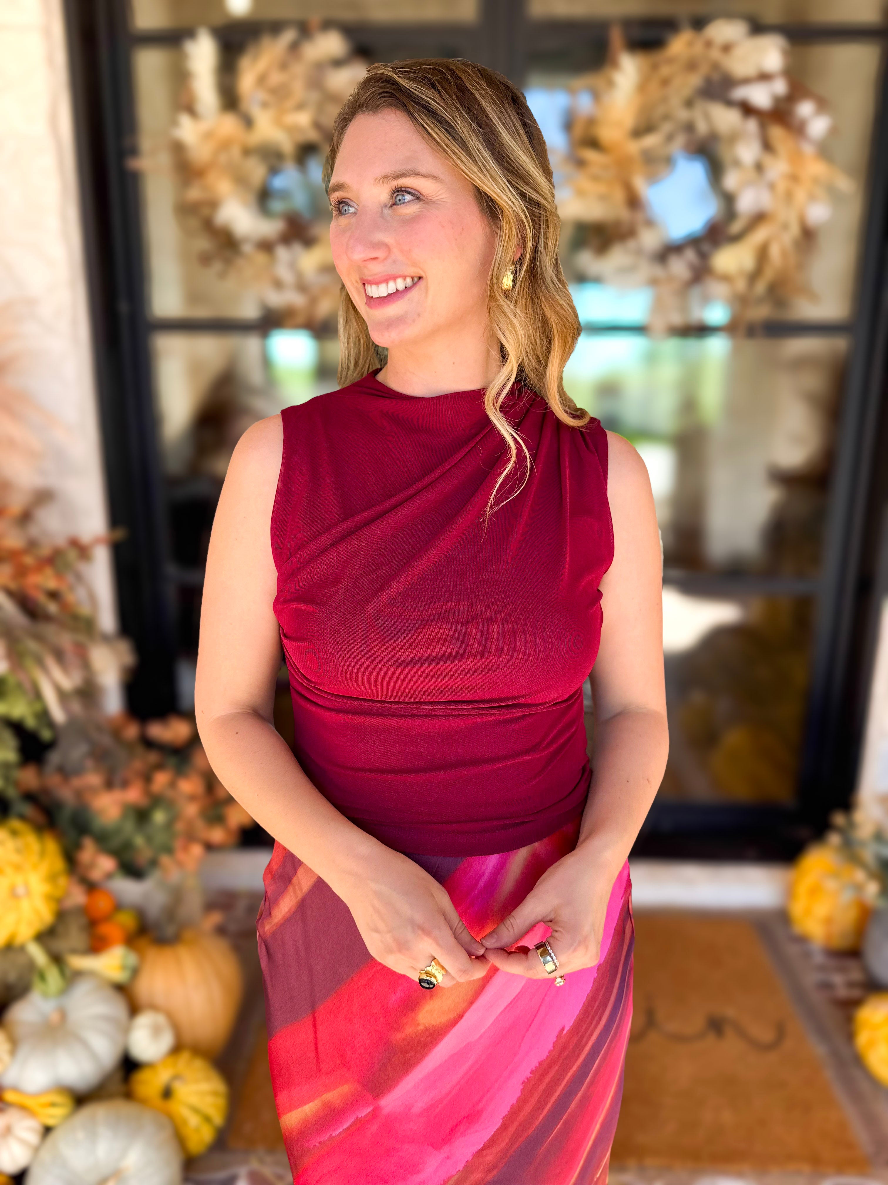 Sleek & Chic Pomegranate Sleeveless Blouse-200 Fashion Blouses-DRESS FORUM-July & June Women's Fashion Boutique Located in San Antonio, Texas