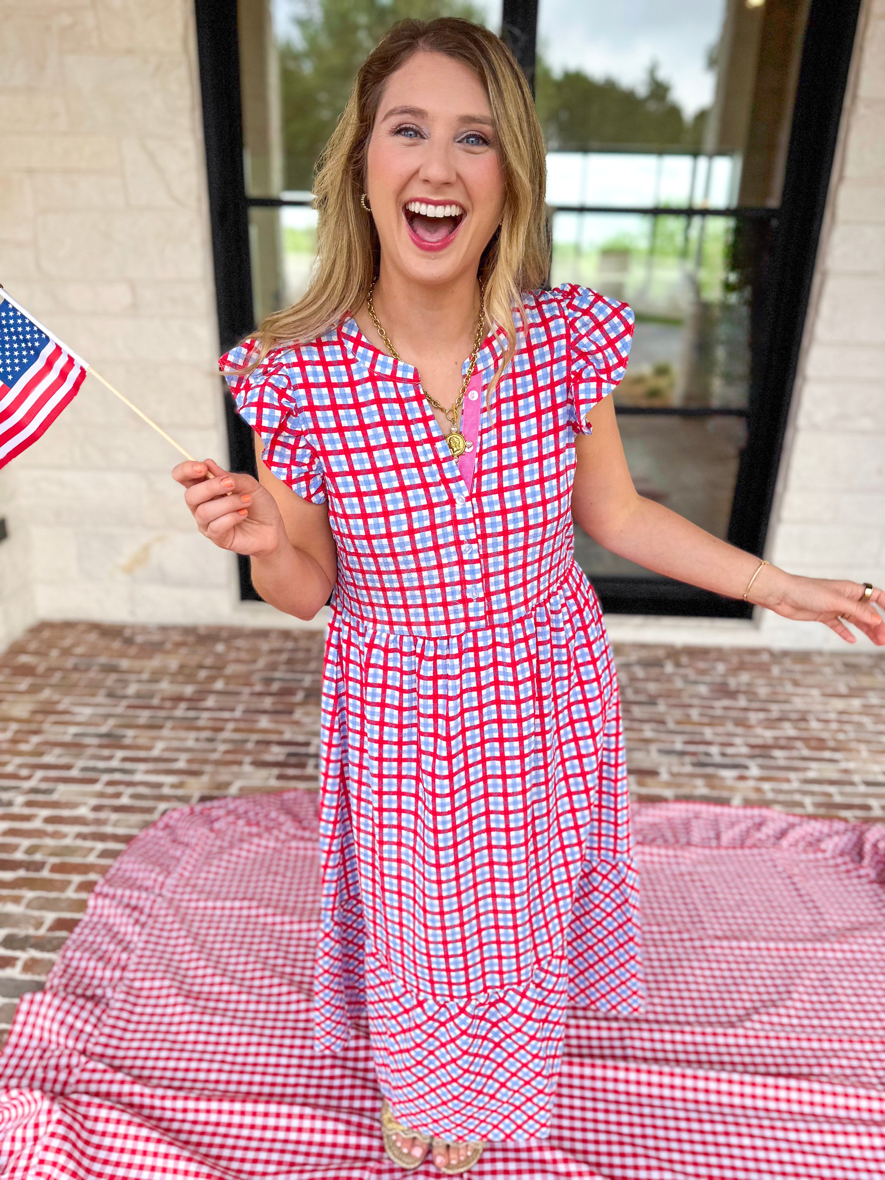 Mary Square - Elaine Gingham Midi Dress-MARY SQUARE-July & June Women's Fashion Boutique Located in San Antonio, Texas
