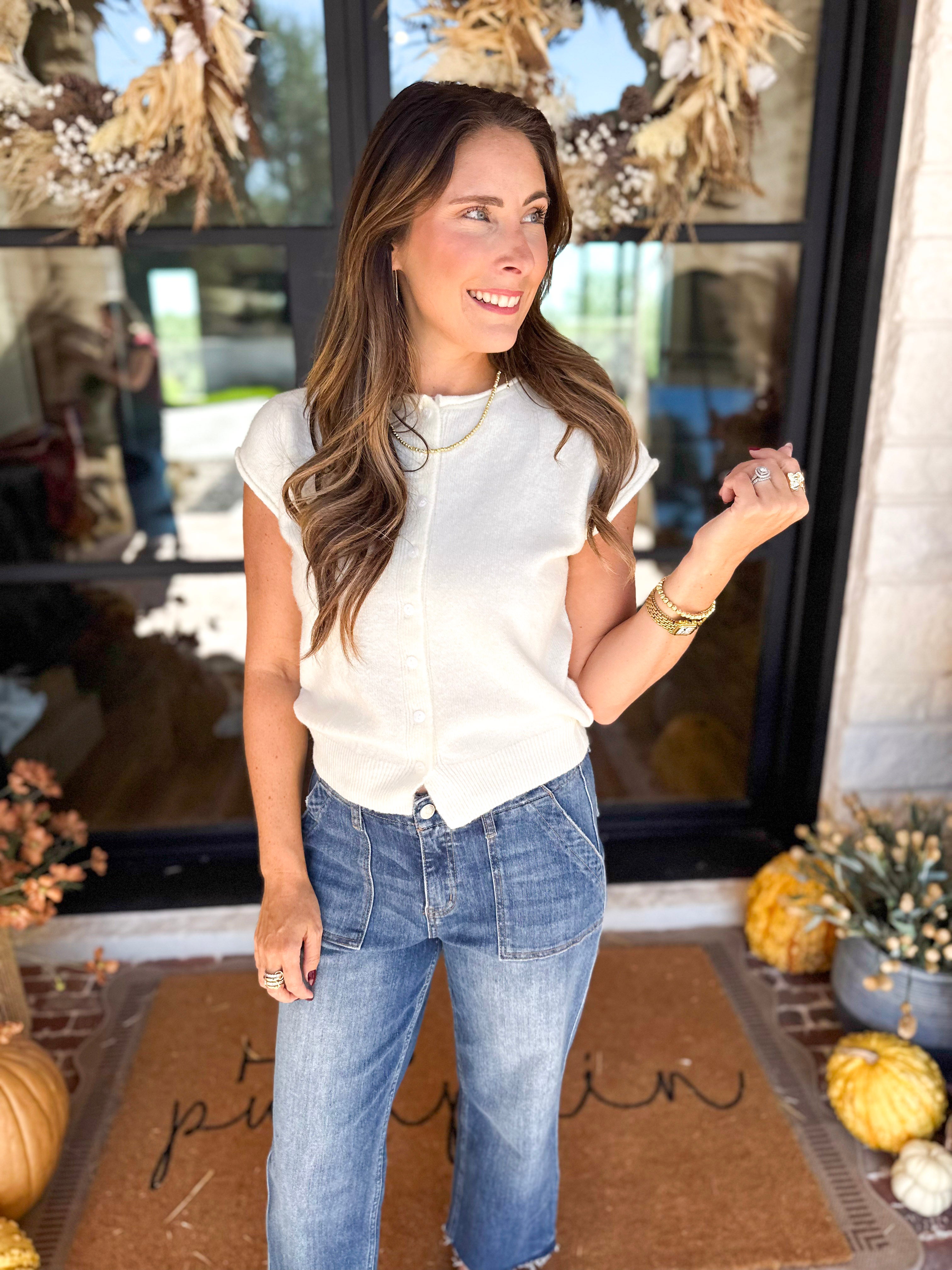 PINK FRIDAY DOORBUSTERS - Short Sleeve Cardigan - Ivory - ONLINE - FINAL SALE-PINK FRIDAY DOORBUSTERS-BLU PEPPER-July & June Women's Fashion Boutique Located in San Antonio, Texas