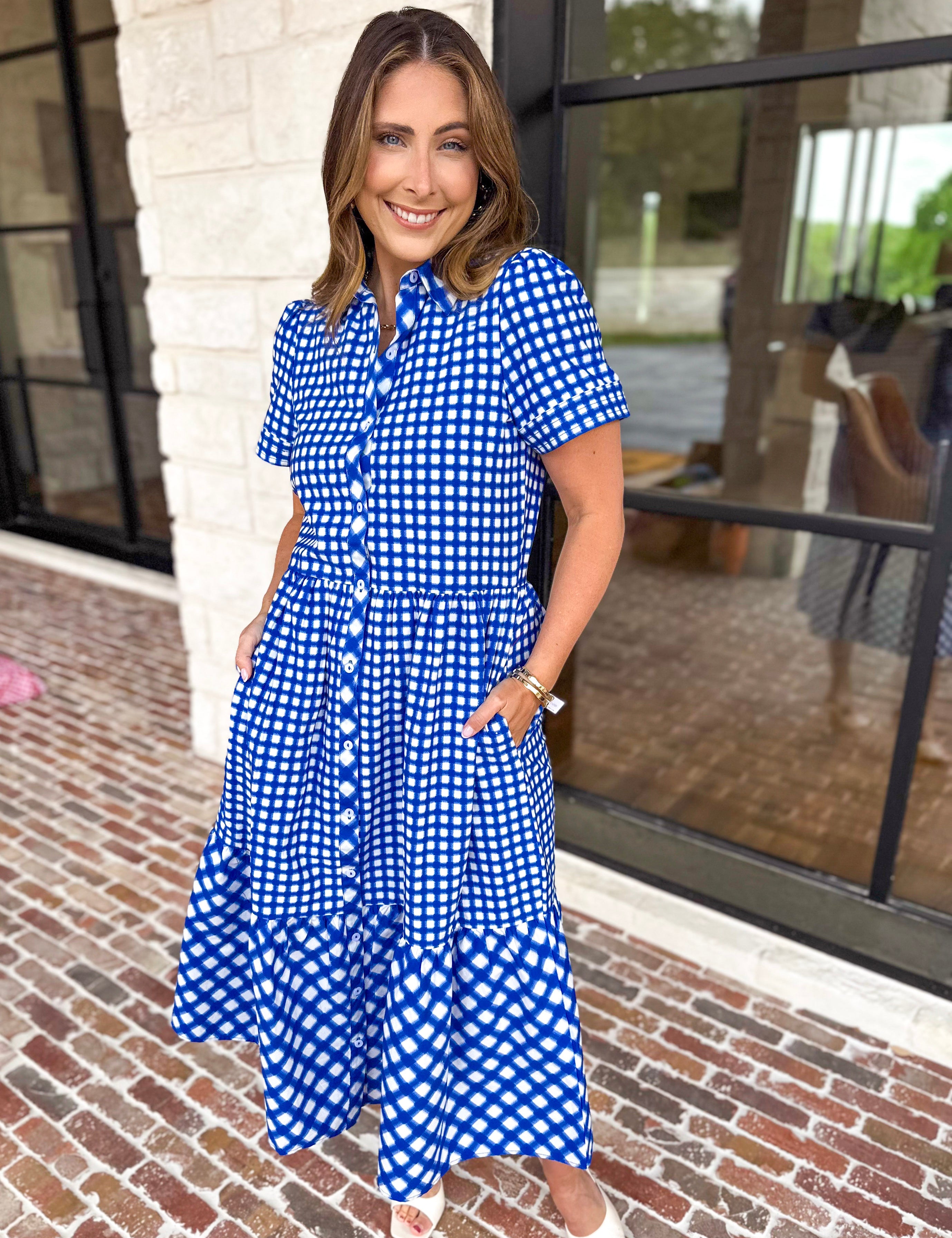 Mary Square - Jema Gingham Navy Mix Midi Dress-500 Midi-MARY SQUARE-July & June Women's Fashion Boutique Located in San Antonio, Texas