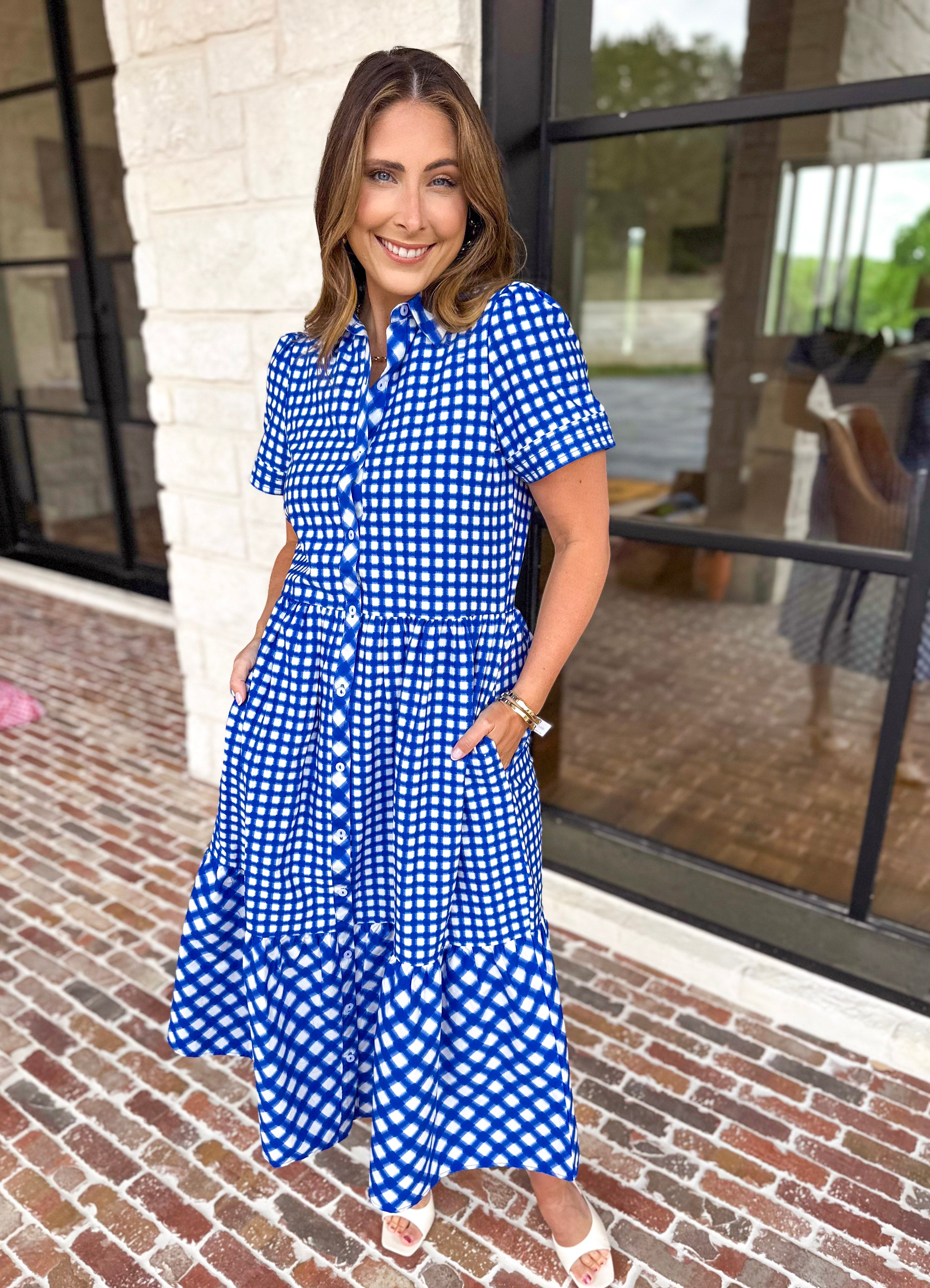Mary Square - Jema Gingham Navy Mix Midi Dress-500 Midi-MARY SQUARE-July & June Women's Fashion Boutique Located in San Antonio, Texas