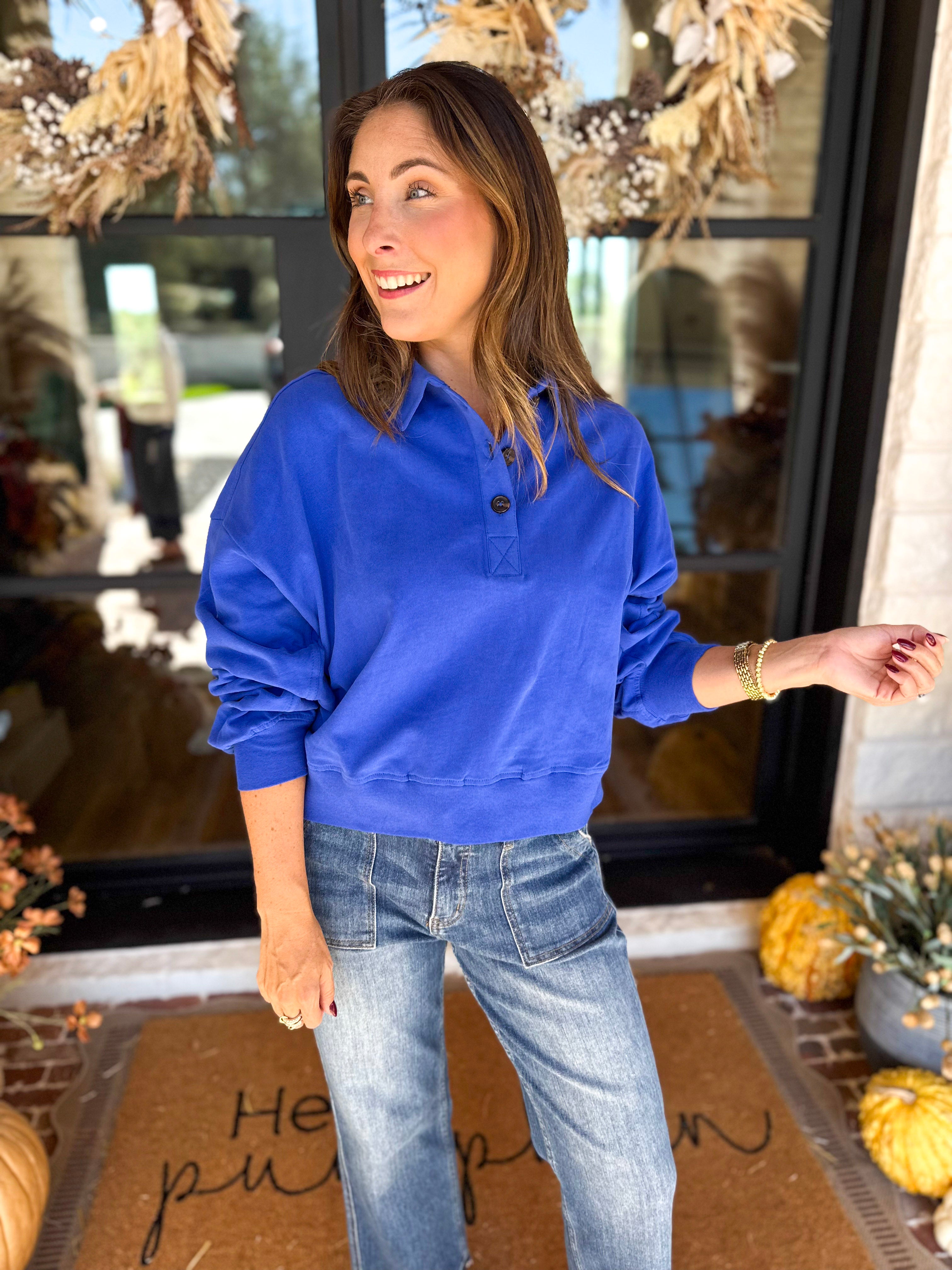 PINK FRIDAY DOORBUSTERS - Henley Polo Top - Cobalt - ONLINE - FINAL SALE-PINK FRIDAY DOORBUSTERS-DOUBLE ZERO-July & June Women's Fashion Boutique Located in San Antonio, Texas