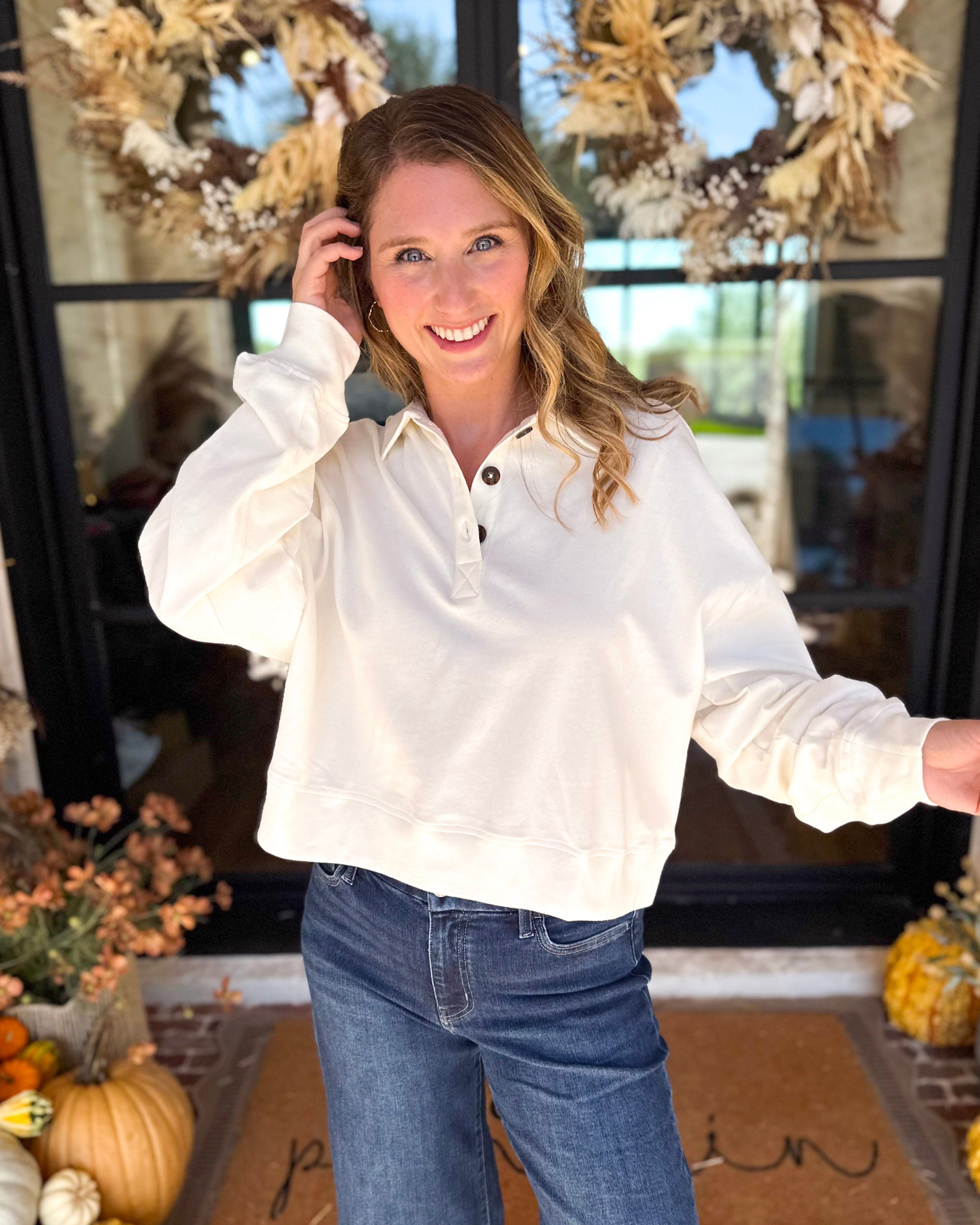 PINK FRIDAY DOORBUSTERS - Henley Polo Top - Cream - ONLINE - FINAL SALE-PINK FRIDAY DOORBUSTERS-DOUBLE ZERO-July & June Women's Fashion Boutique Located in San Antonio, Texas