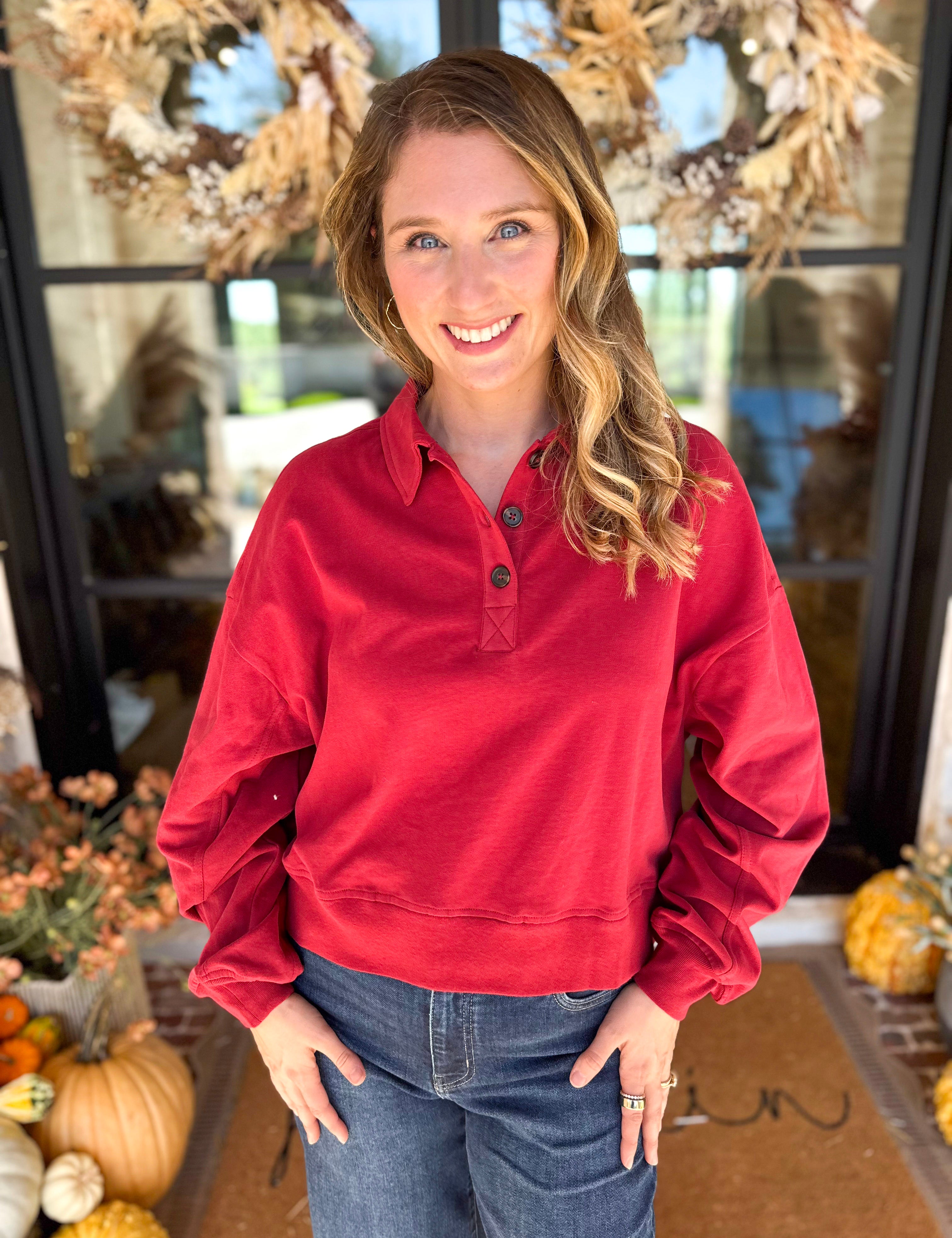 PINK FRIDAY DOORBUSTERS - Henley Polo Top - Red - ONLINE - FINAL SALE-PINK FRIDAY DOORBUSTERS-DOUBLE ZERO-July & June Women's Fashion Boutique Located in San Antonio, Texas
