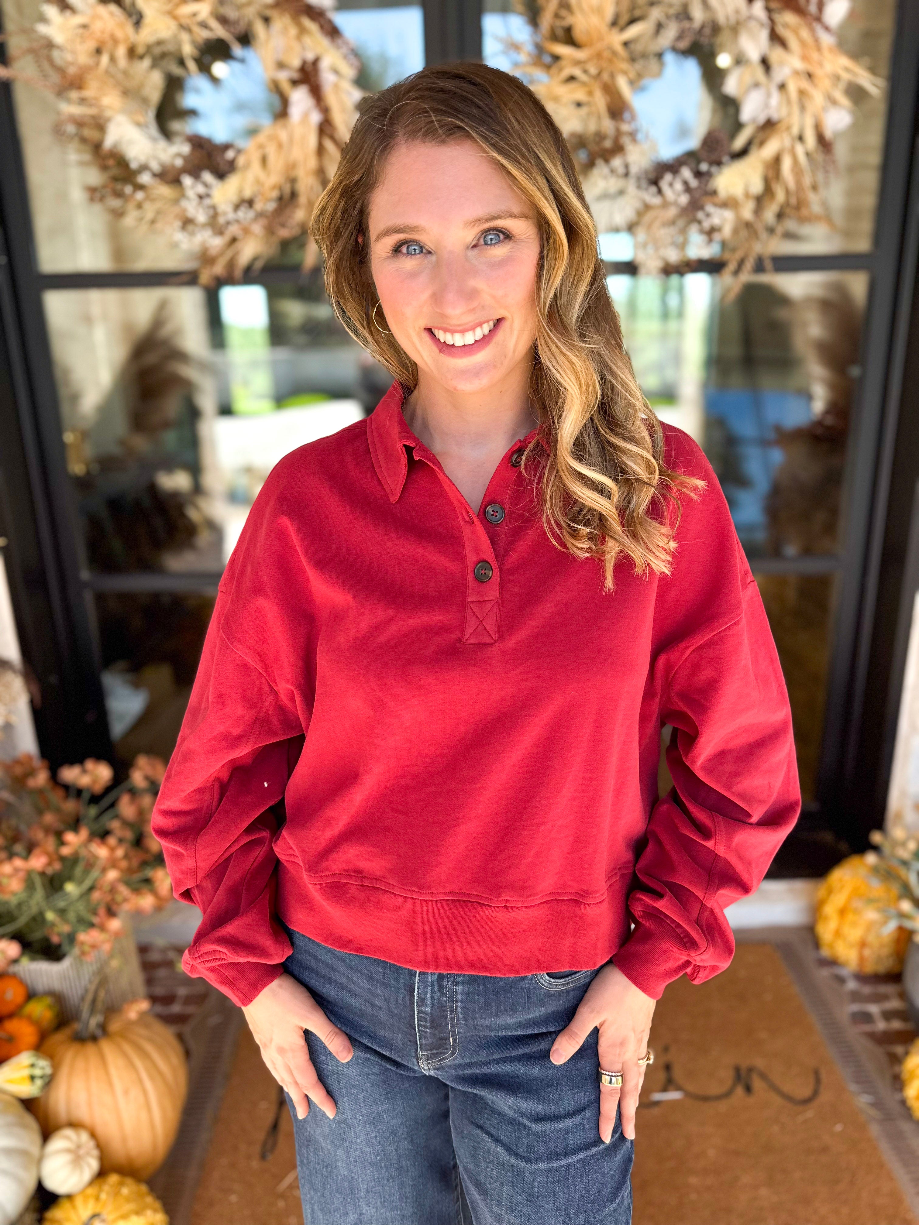 PINK FRIDAY DOORBUSTERS - Henley Polo Top - Red - ONLINE - FINAL SALE-PINK FRIDAY DOORBUSTERS-DOUBLE ZERO-July & June Women's Fashion Boutique Located in San Antonio, Texas