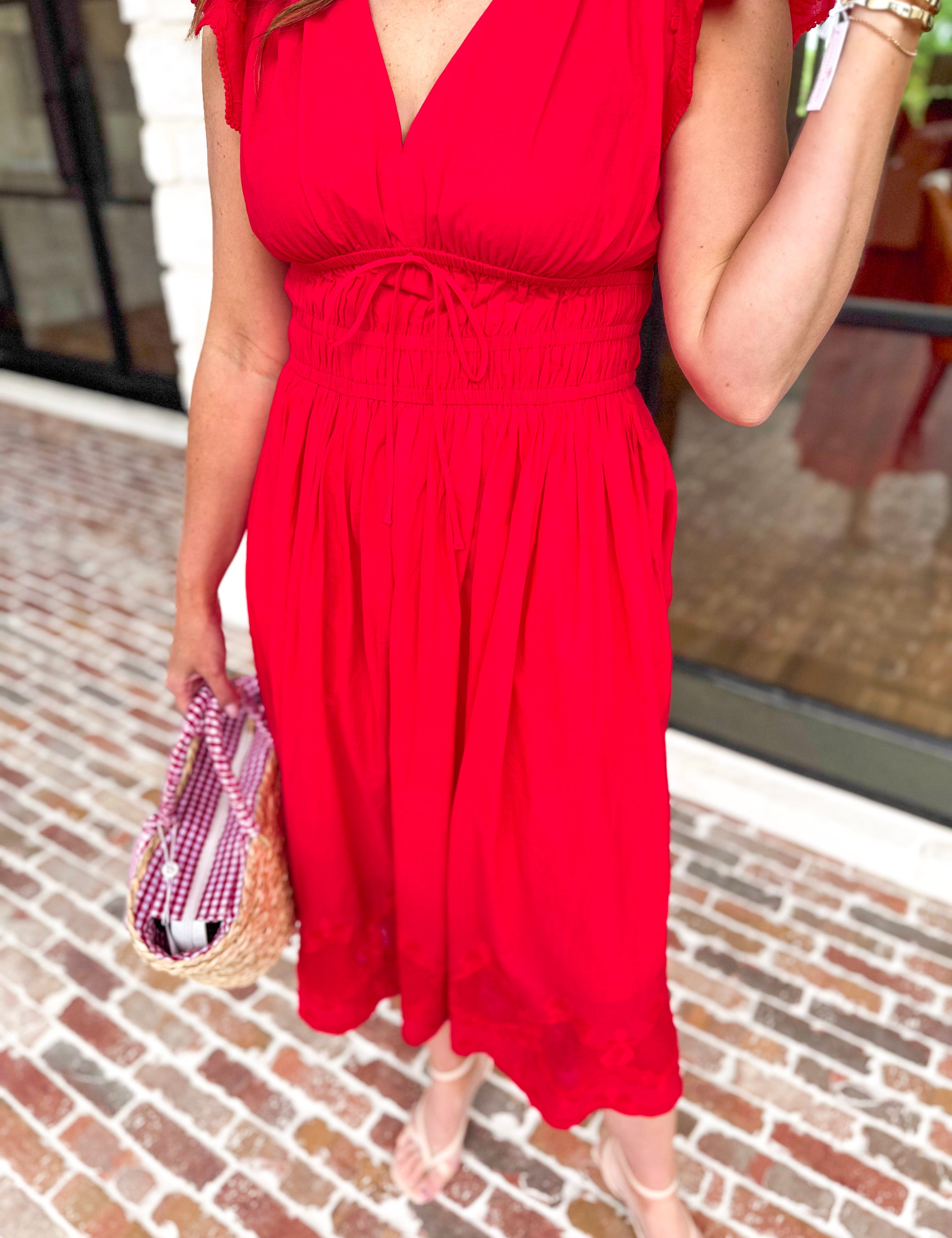 Current Air - Bold Red Blooms Midi Dress-500 Midi-CURRENT AIR CLOTHING-July & June Women's Fashion Boutique Located in San Antonio, Texas