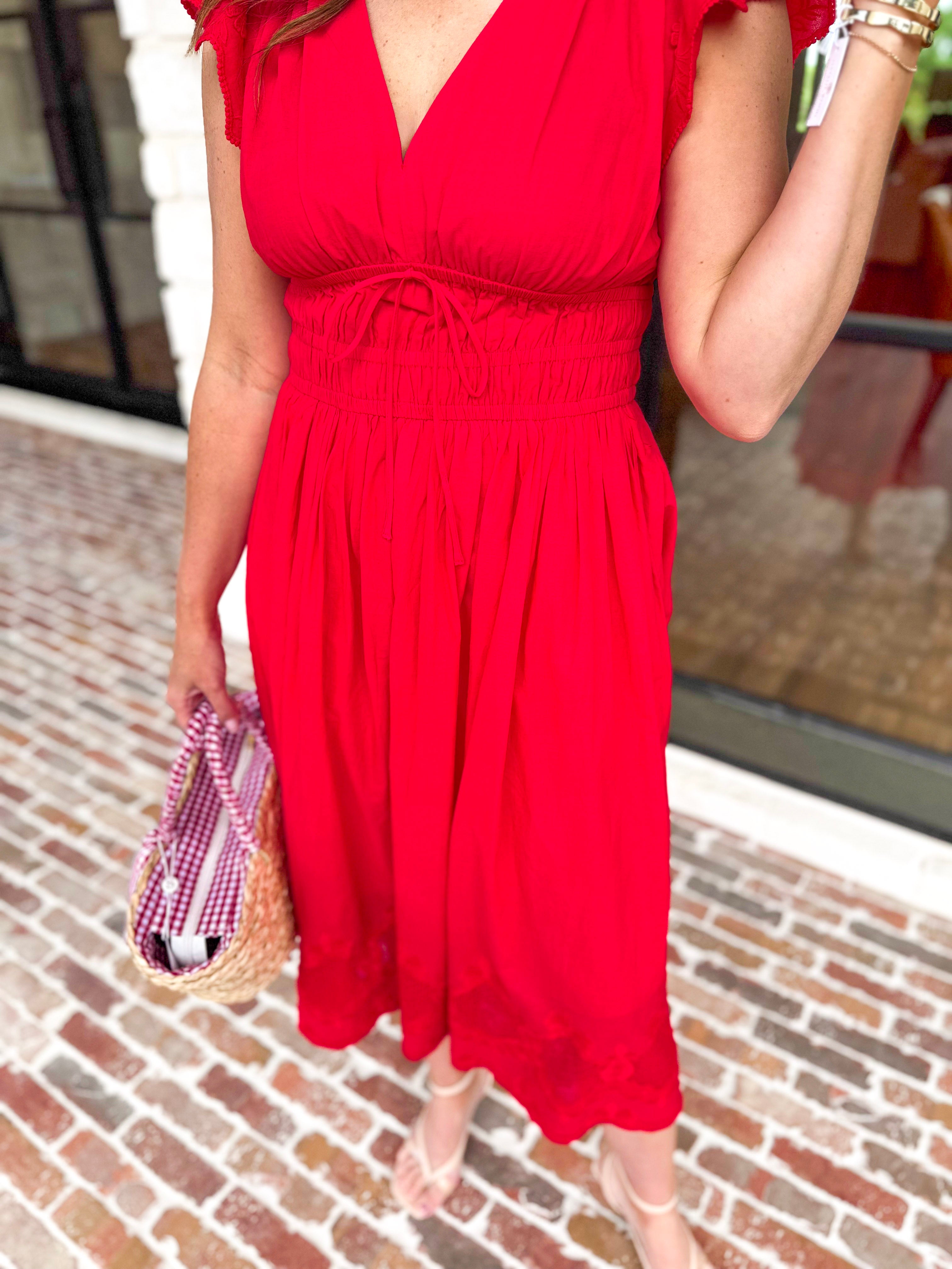 Current Air - Bold Red Blooms Midi Dress-500 Midi-CURRENT AIR CLOTHING-July & June Women's Fashion Boutique Located in San Antonio, Texas