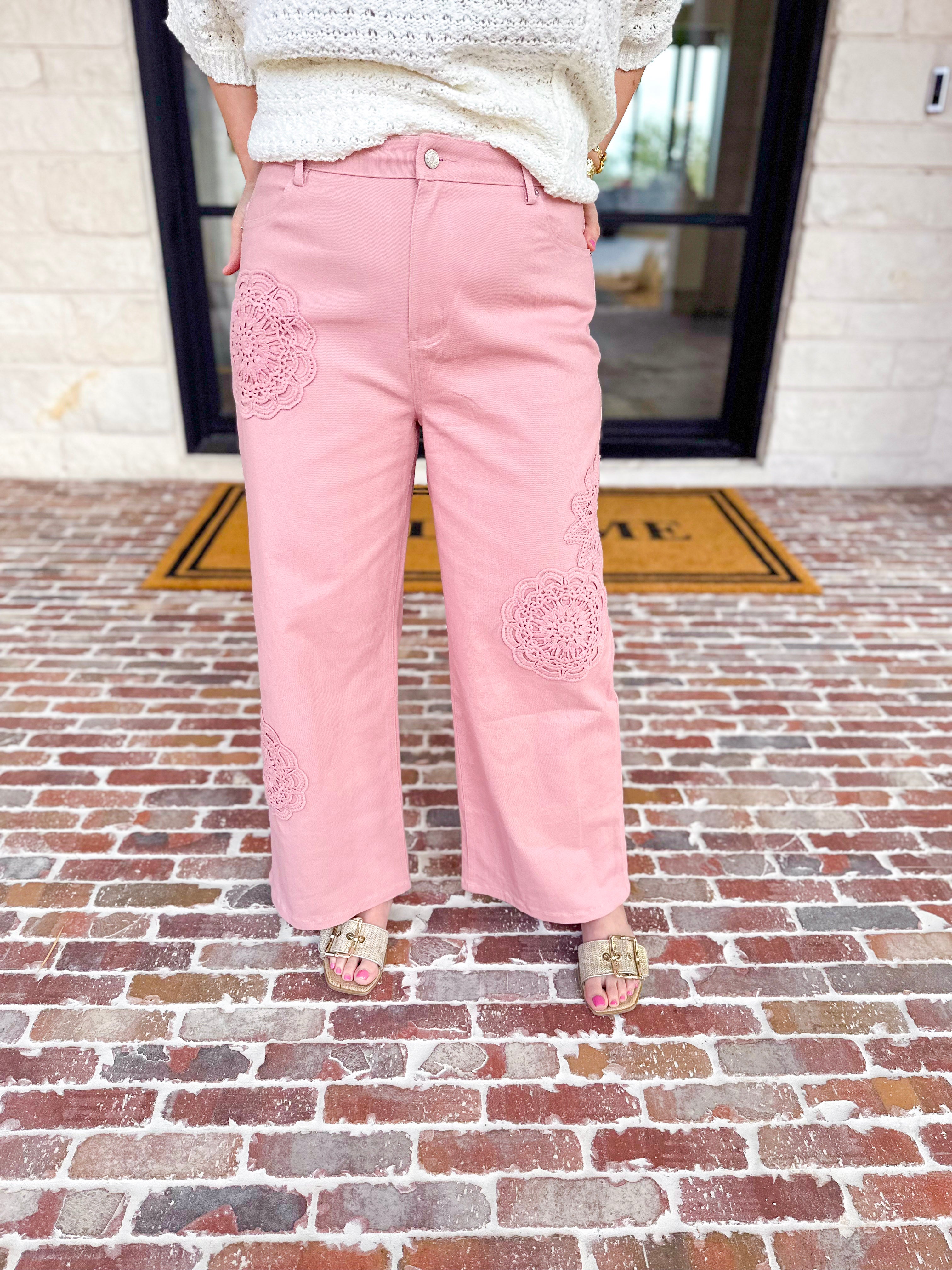 Blush Crochet Denim Pants-400 Pants-ENTRO-July & June Women's Fashion Boutique Located in San Antonio, Texas
