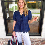 Current Air - Navy Eyelet Blouse-200 Fashion Blouses-CURRENT AIR CLOTHING-July & June Women's Fashion Boutique Located in San Antonio, Texas