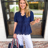 Current Air - Navy Eyelet Blouse-200 Fashion Blouses-CURRENT AIR CLOTHING-July & June Women's Fashion Boutique Located in San Antonio, Texas
