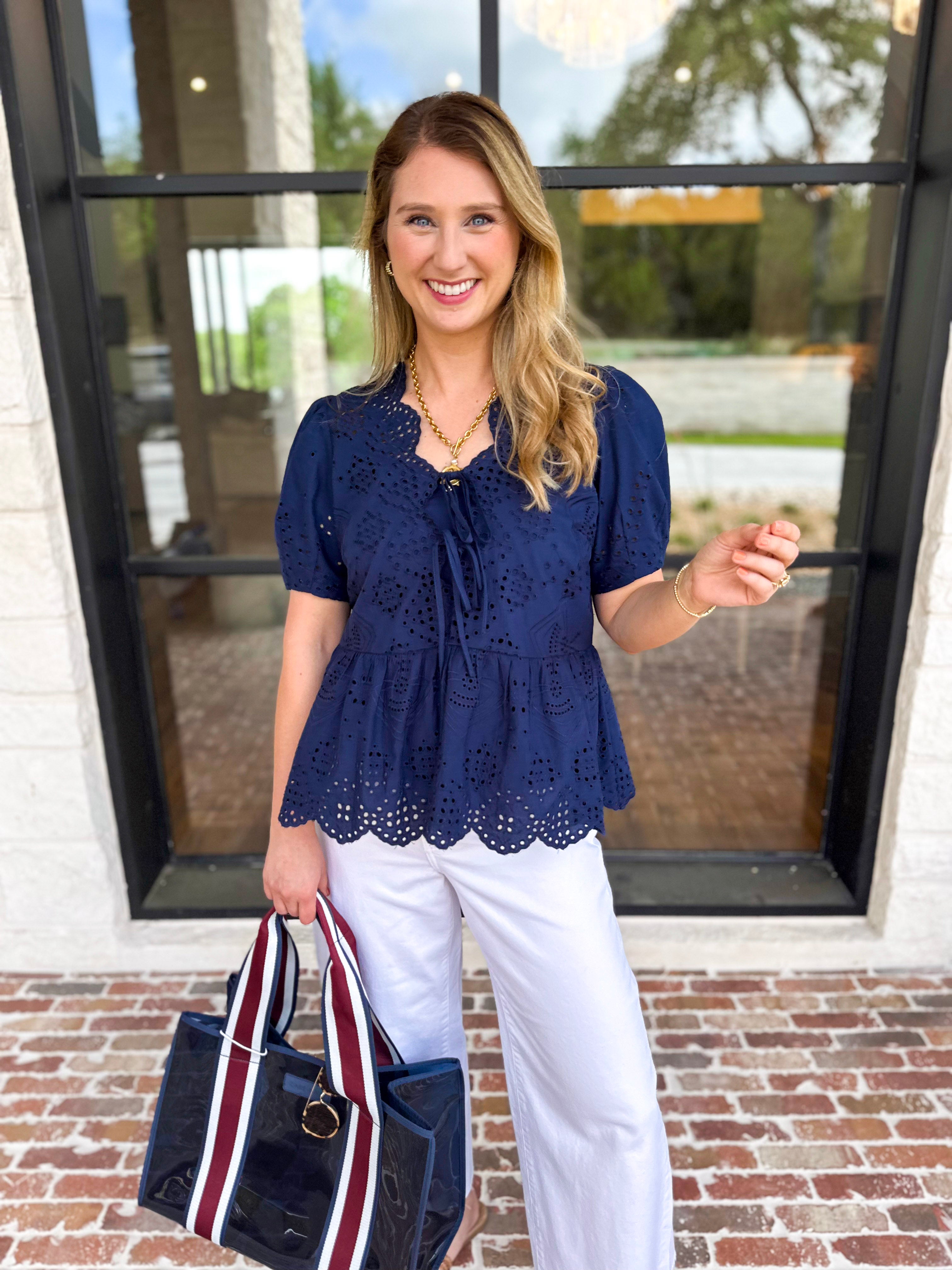 Current Air - Navy Eyelet Blouse-200 Fashion Blouses-CURRENT AIR CLOTHING-July & June Women's Fashion Boutique Located in San Antonio, Texas