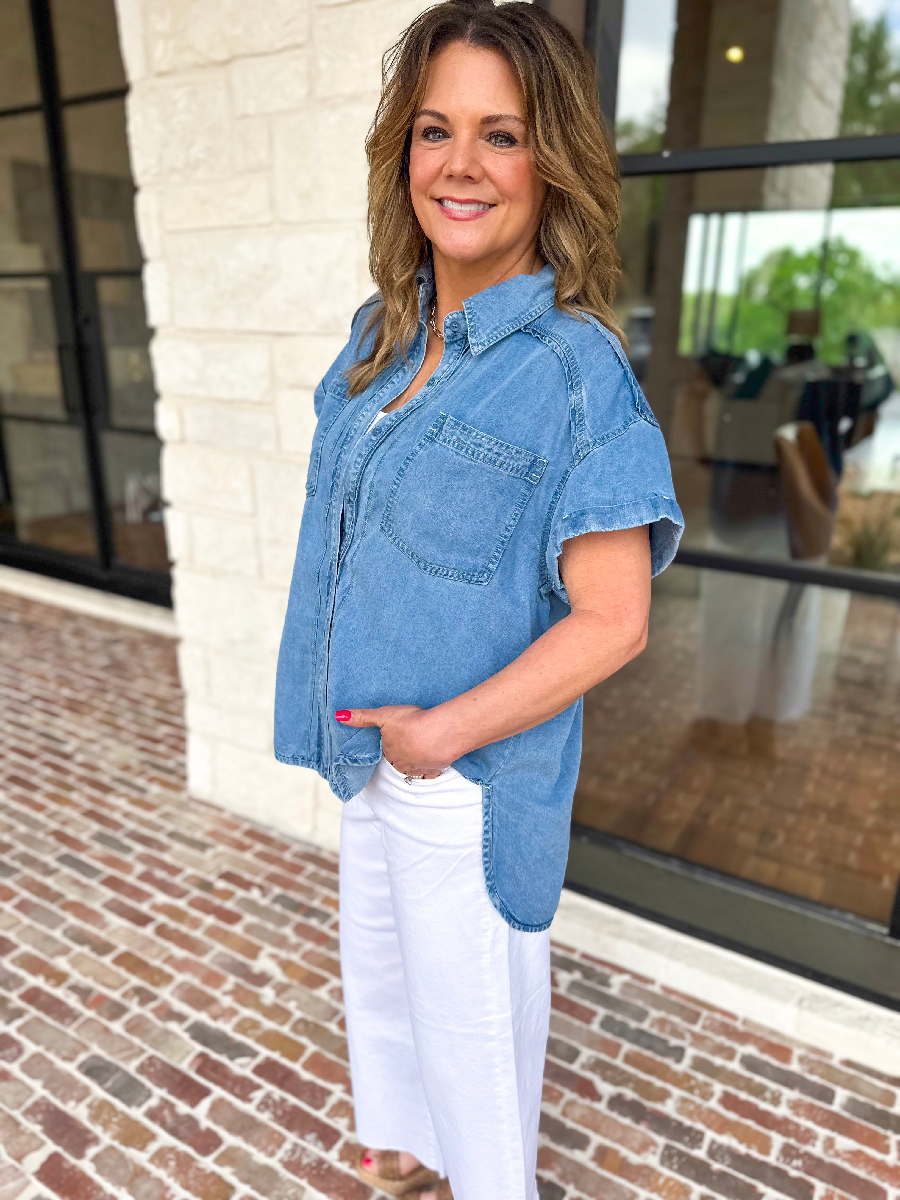 Denim Tencel Button Down Blouse-200 Fashion Blouses-RAE MODE-July & June Women's Fashion Boutique Located in San Antonio, Texas