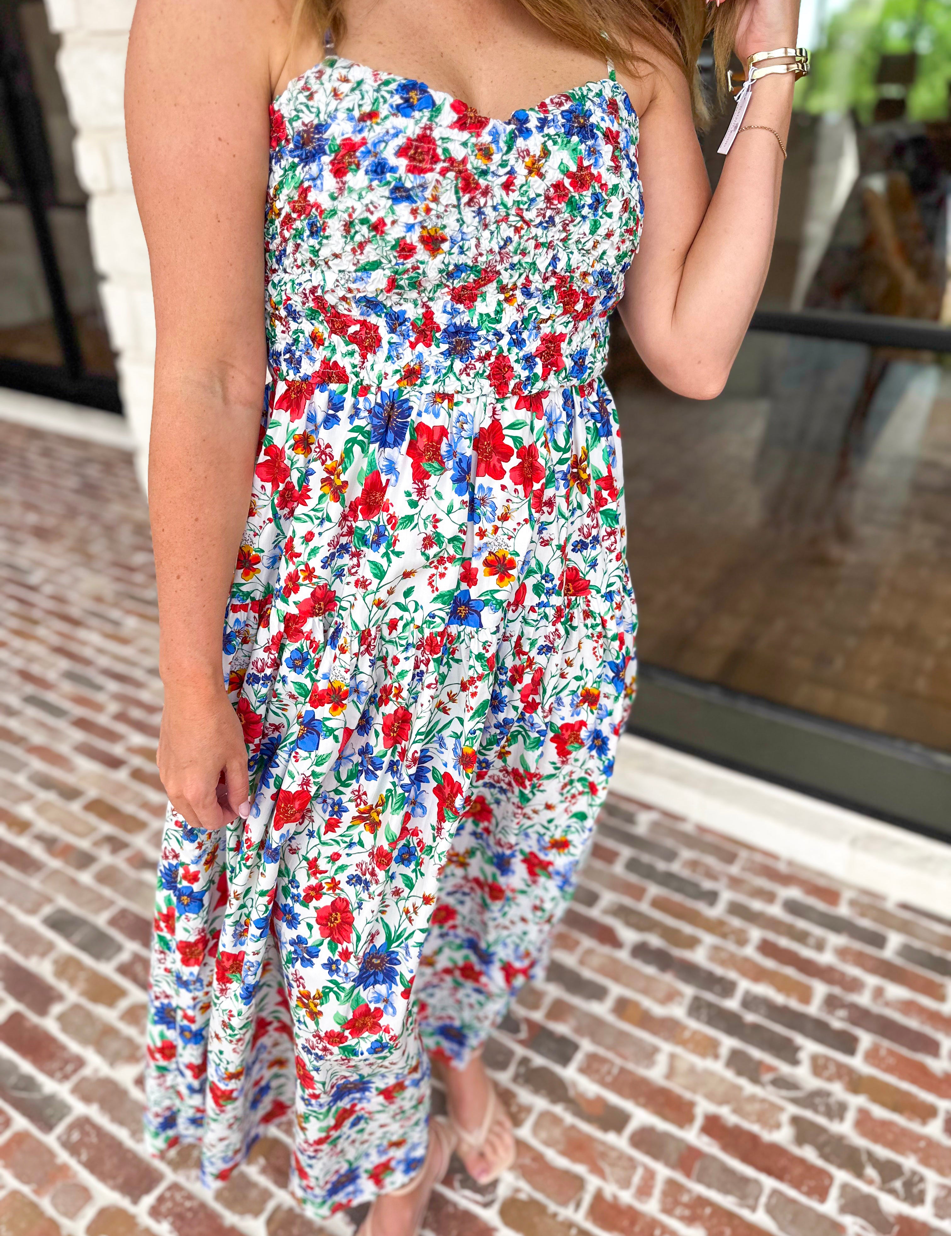 Summer In Bloom Midi Dress-500 Midi-SKIES ARE BLUE-July & June Women's Fashion Boutique Located in San Antonio, Texas