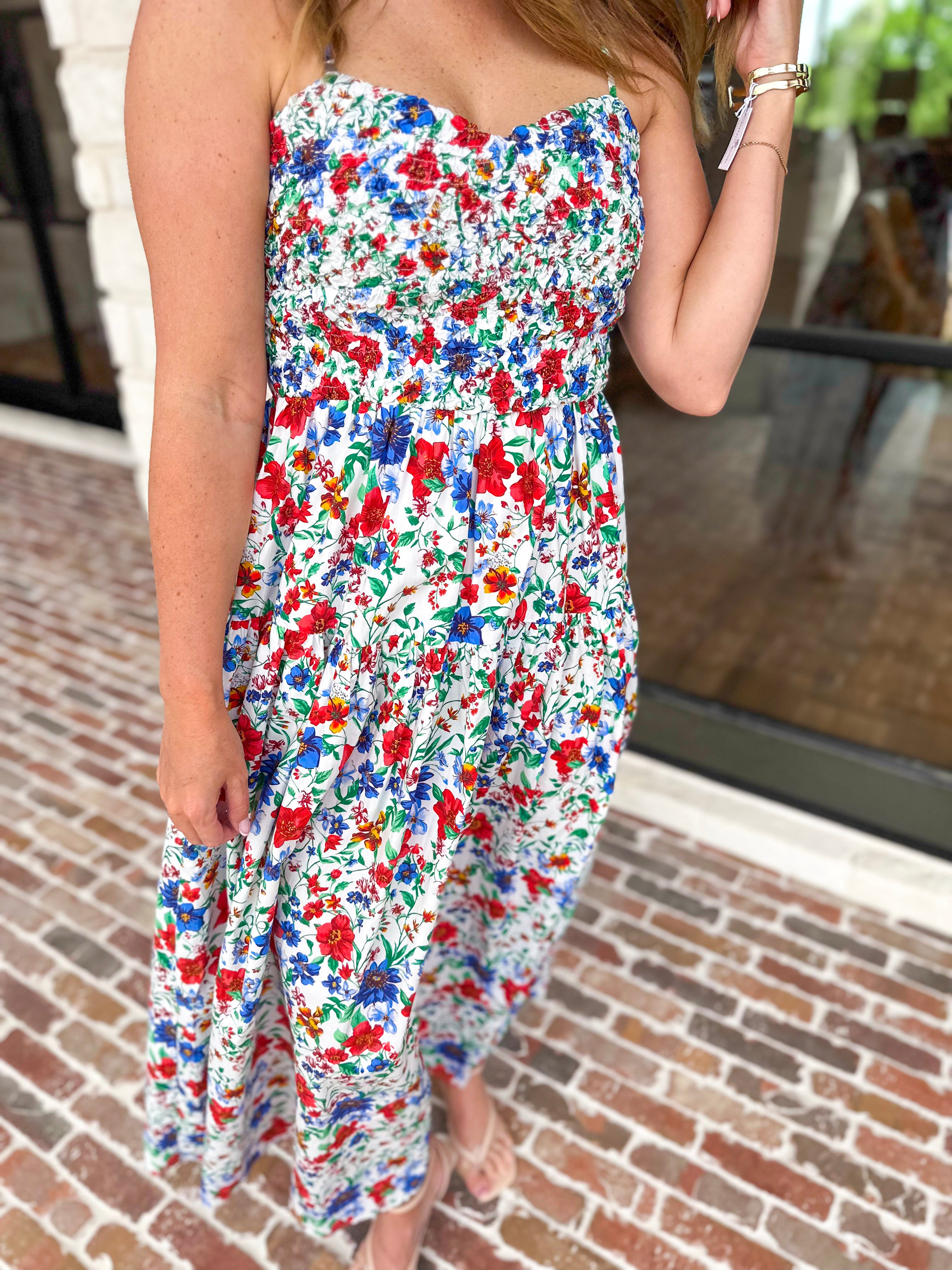 Summer In Bloom Midi Dress-500 Midi-SKIES ARE BLUE-July & June Women's Fashion Boutique Located in San Antonio, Texas