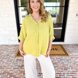 Gauze Button Down Blouse - Chartreuse-200 Fashion Blouses-IN FEBRUARY-July & June Women's Fashion Boutique Located in San Antonio, Texas