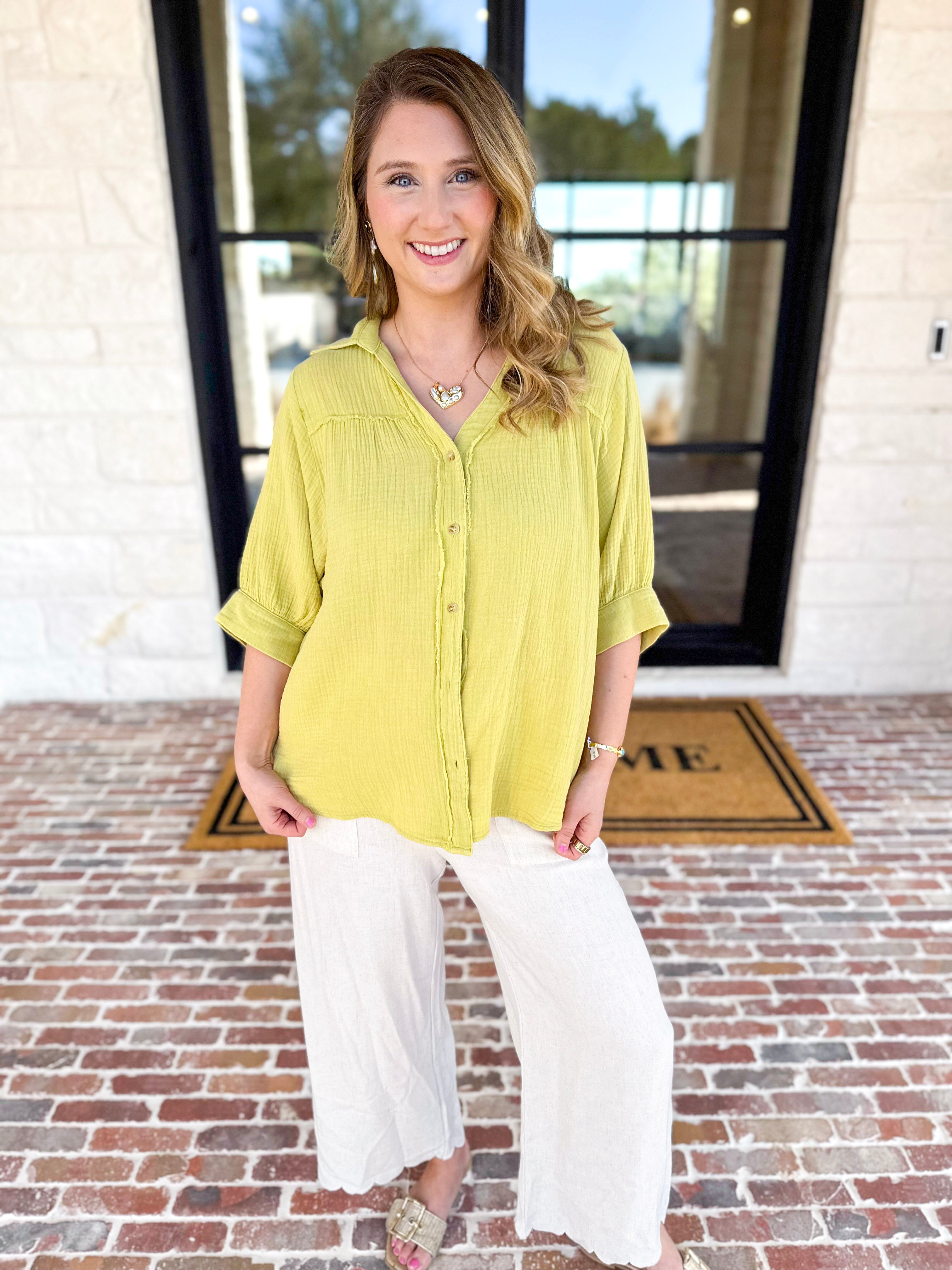 Gauze Button Down Blouse - Chartreuse-200 Fashion Blouses-IN FEBRUARY-July & June Women's Fashion Boutique Located in San Antonio, Texas