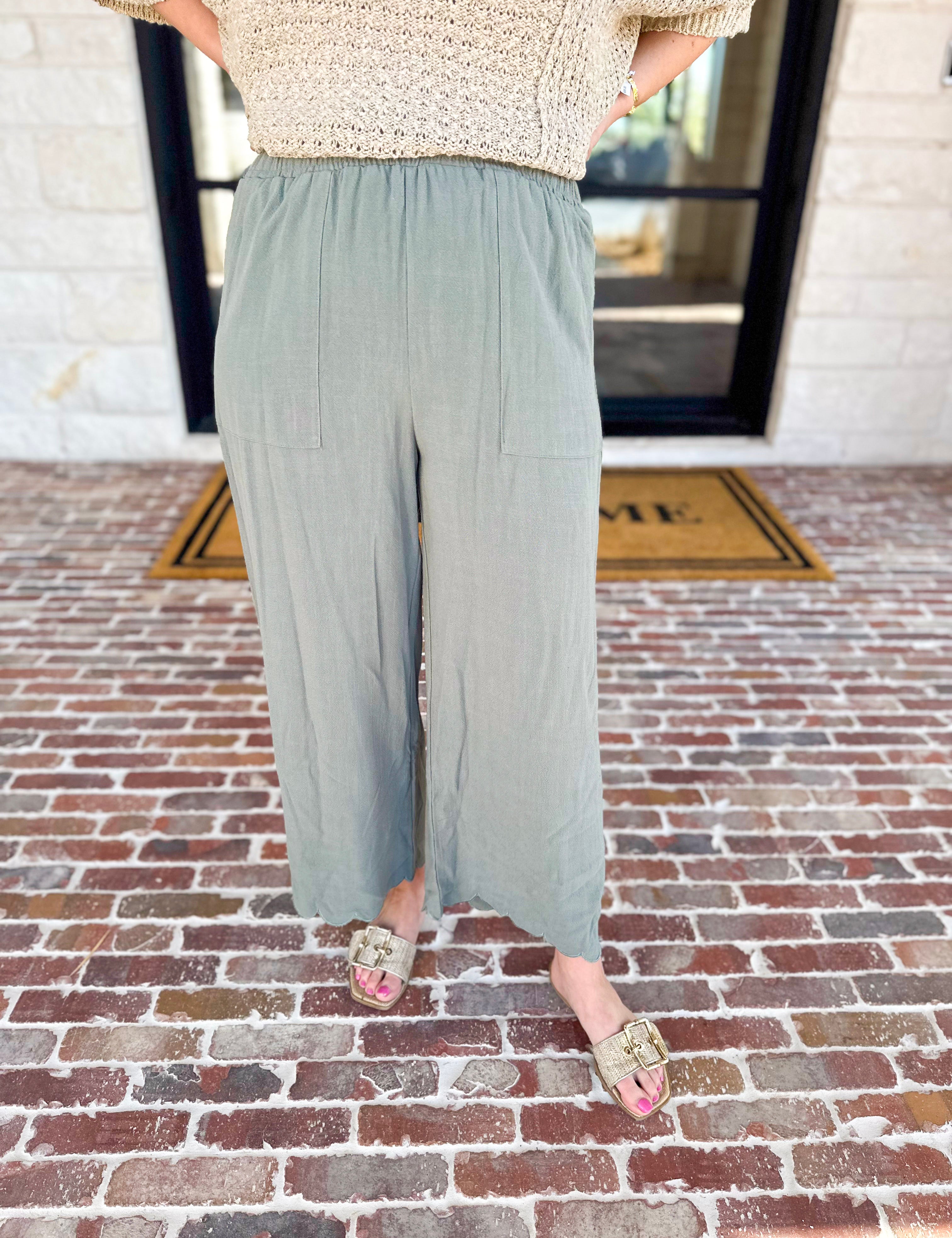 Linen Scalloped Pants - Sage-400 Pants-ALLIE ROSE-July & June Women's Fashion Boutique Located in San Antonio, Texas
