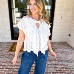 Ivory Eyelet Bow Front Blouse-200 Fashion Blouses-ALLIE ROSE-July & June Women's Fashion Boutique Located in San Antonio, Texas