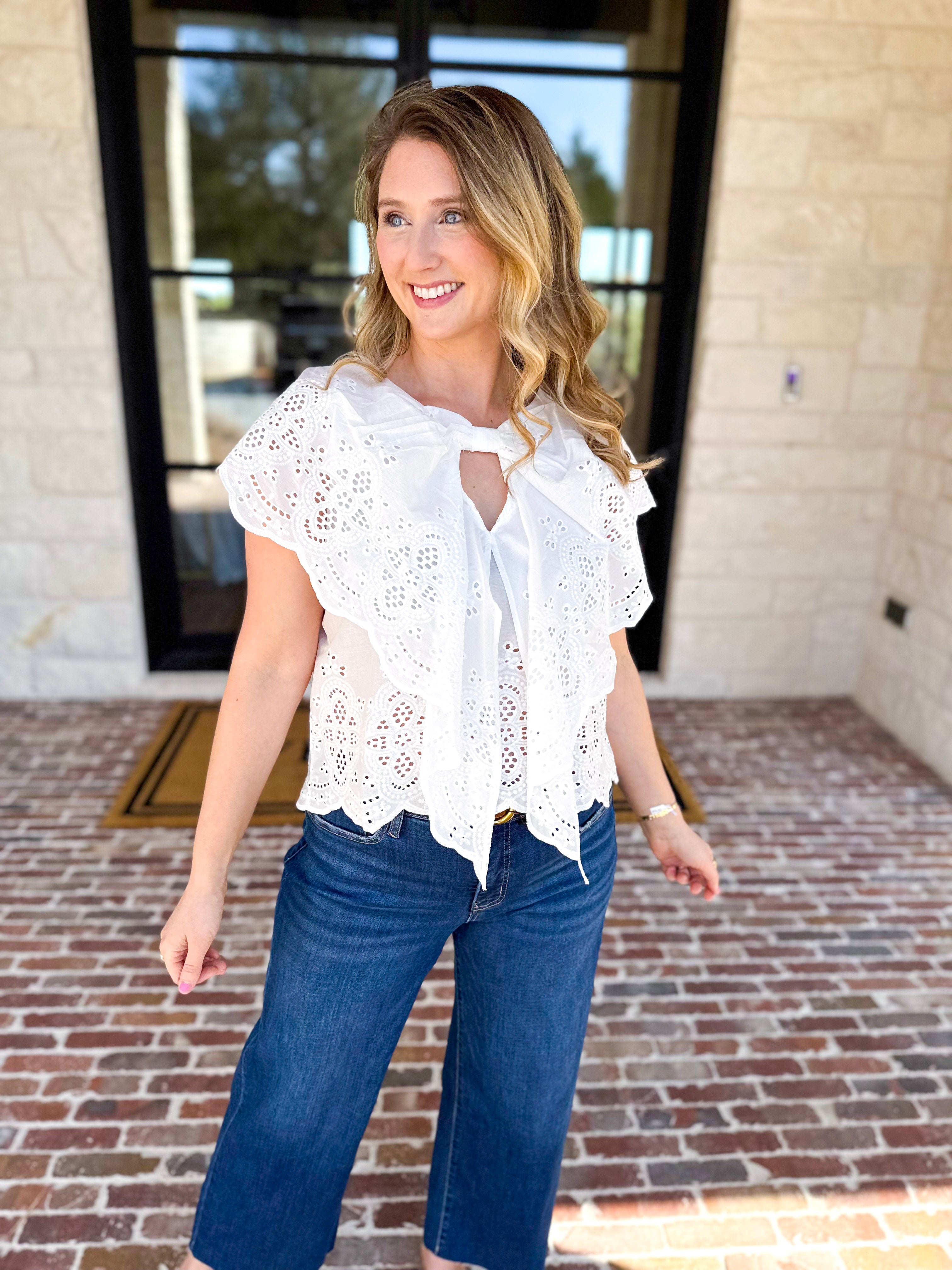 Ivory Eyelet Bow Front Blouse-200 Fashion Blouses-ALLIE ROSE-July & June Women's Fashion Boutique Located in San Antonio, Texas