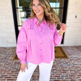 Pink Pinstripe Button Down Blouse-200 Fashion Blouses-FATE-July & June Women's Fashion Boutique Located in San Antonio, Texas