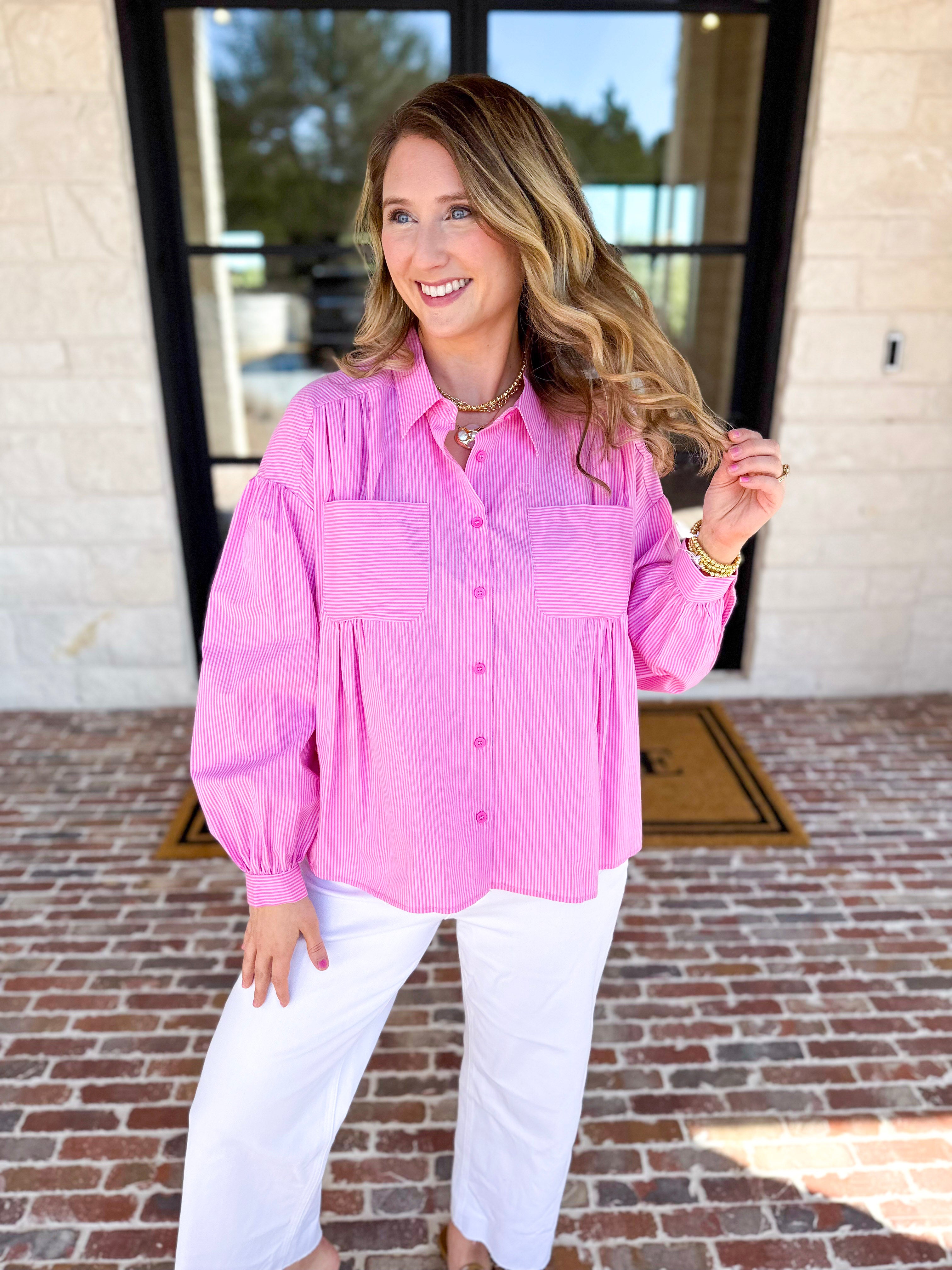Pink Pinstripe Button Down Blouse-200 Fashion Blouses-FATE-July & June Women's Fashion Boutique Located in San Antonio, Texas