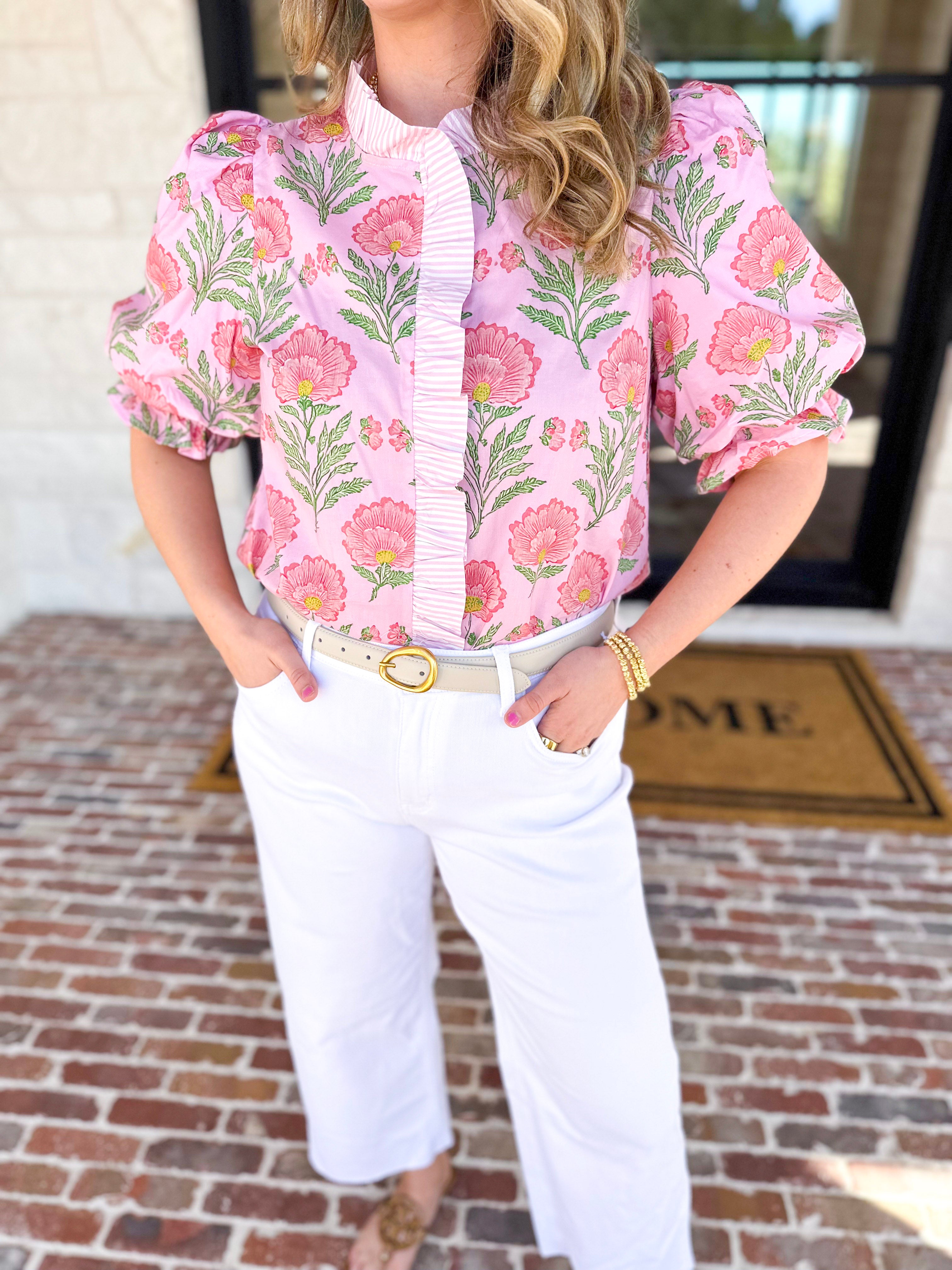 Floral Fun Blouse - Pink-200 Fashion Blouses-ENTRO-July & June Women's Fashion Boutique Located in San Antonio, Texas