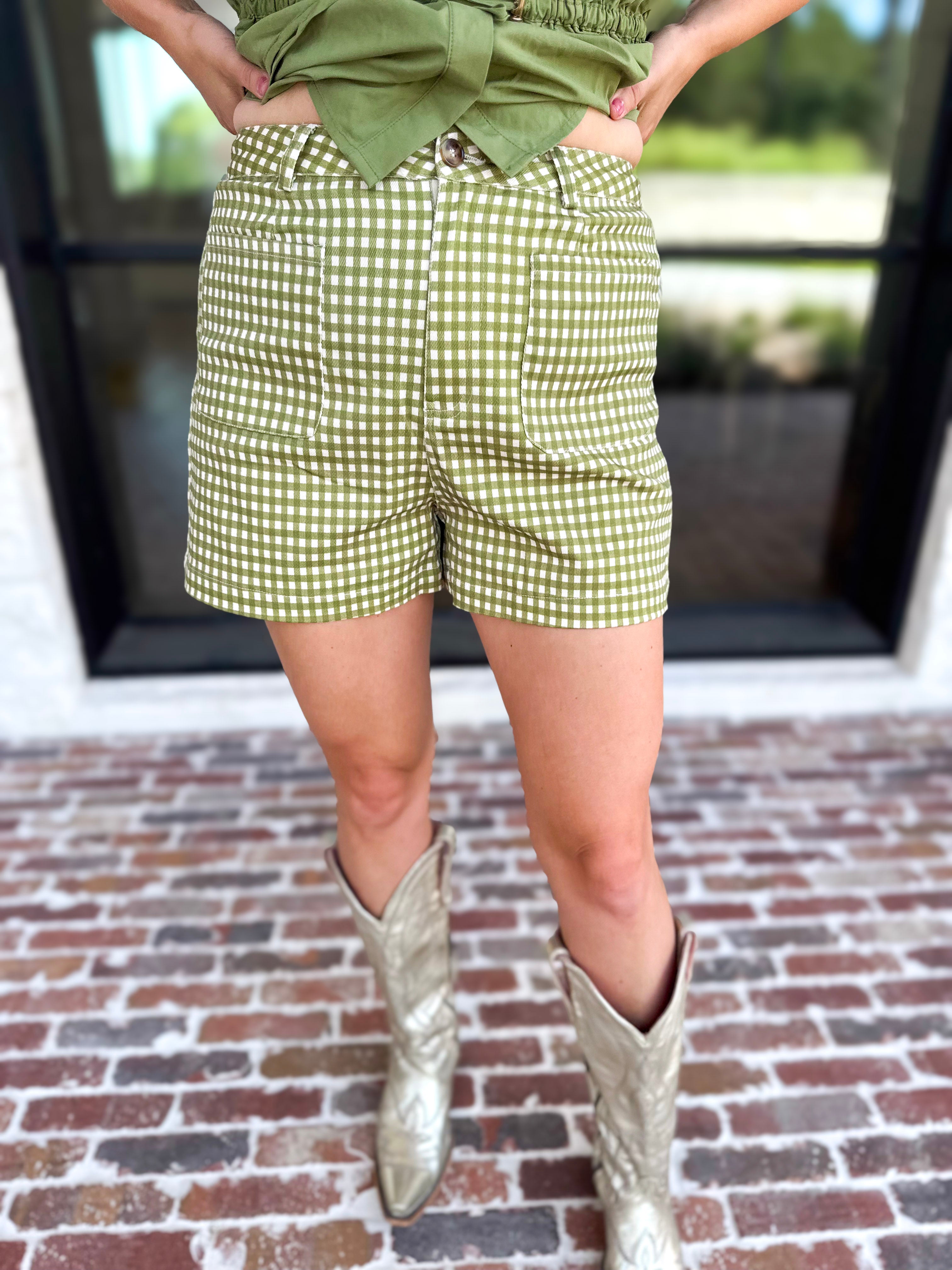 The Sutton Checkered Shorts - Olive-410 Shorts/Skirts-ENTRO-July & June Women's Fashion Boutique Located in San Antonio, Texas