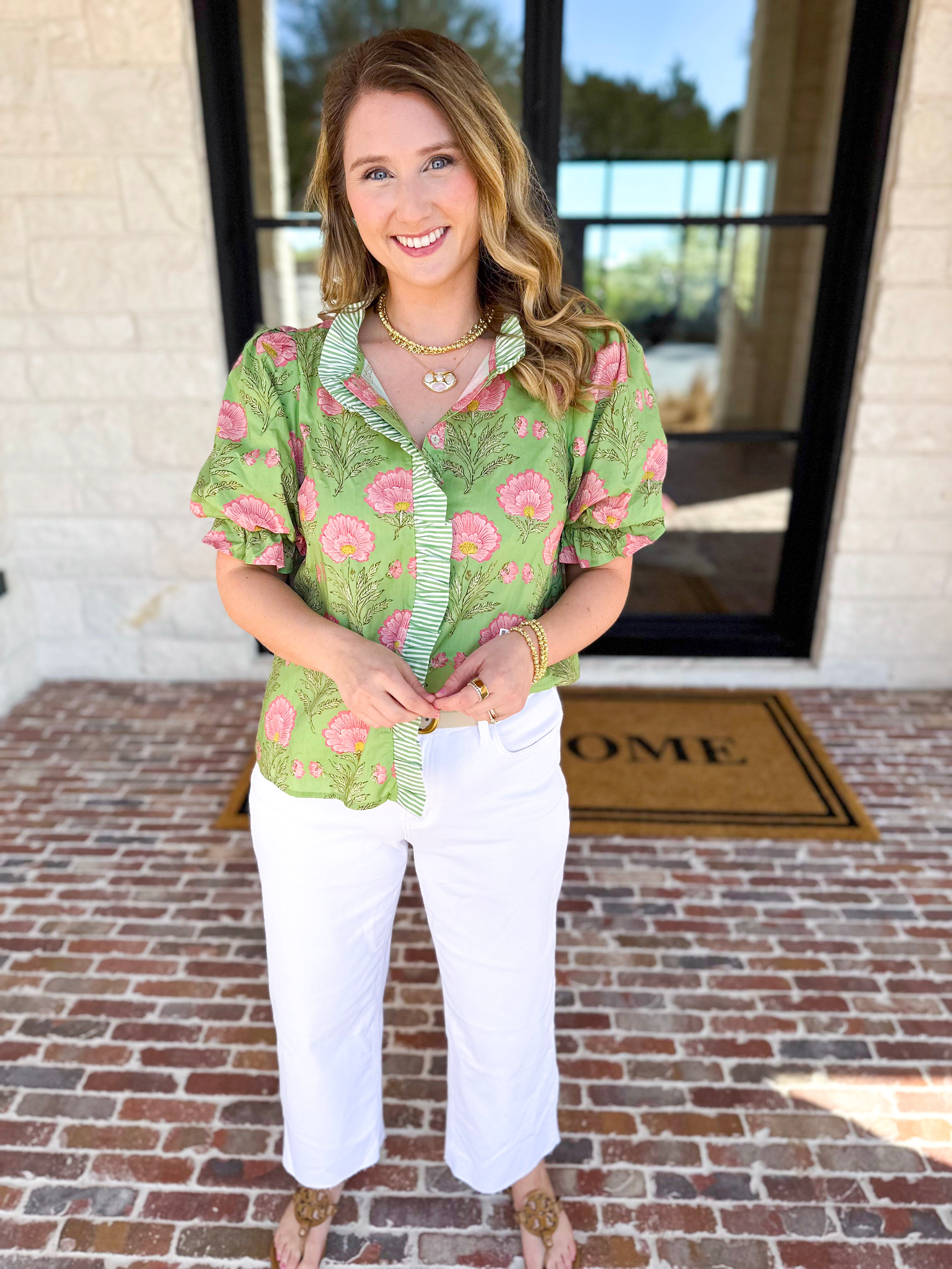 Floral Fun Blouse - Matcha-200 Fashion Blouses-ENTRO-July & June Women's Fashion Boutique Located in San Antonio, Texas
