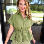 Cinch Waist Blouse - Olive-200 Fashion Blouses-ENTRO-July & June Women's Fashion Boutique Located in San Antonio, Texas