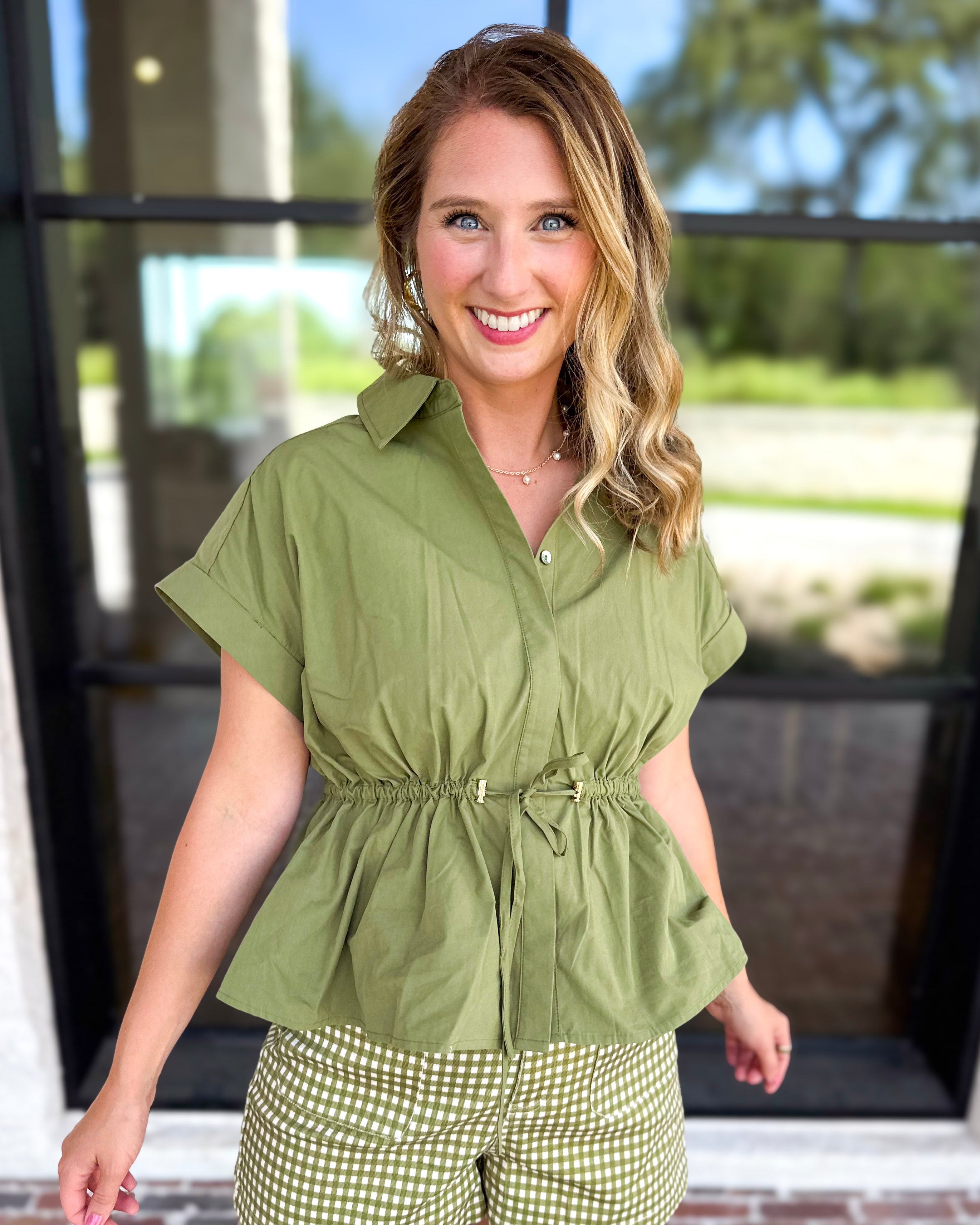 Cinch Waist Blouse - Olive-200 Fashion Blouses-ENTRO-July & June Women's Fashion Boutique Located in San Antonio, Texas