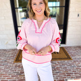 Soft Stripe Embroidered Blouse - Pink-200 Fashion Blouses-ENTRO-July & June Women's Fashion Boutique Located in San Antonio, Texas