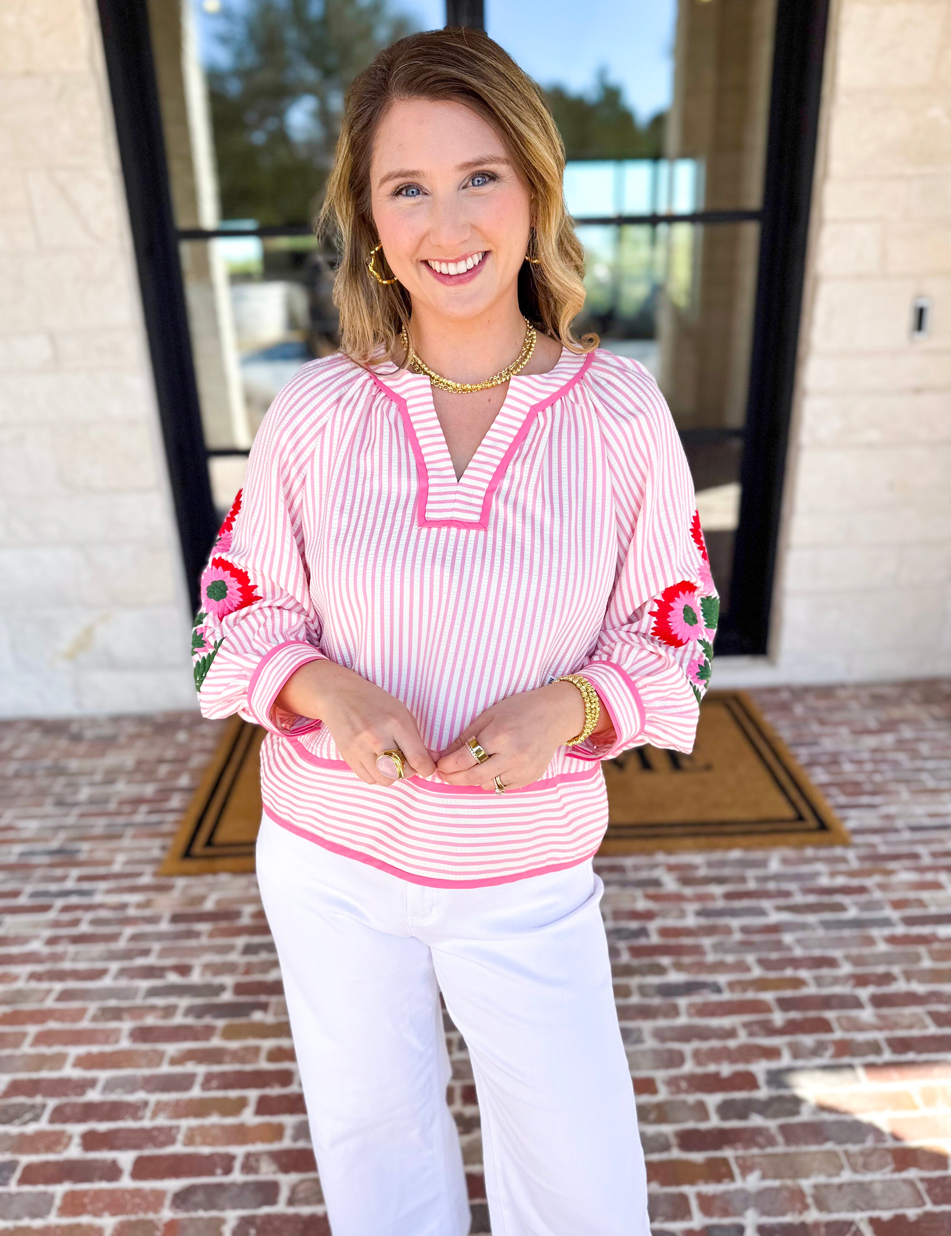 Soft Stripe Embroidered Blouse - Pink-200 Fashion Blouses-ENTRO-July & June Women's Fashion Boutique Located in San Antonio, Texas