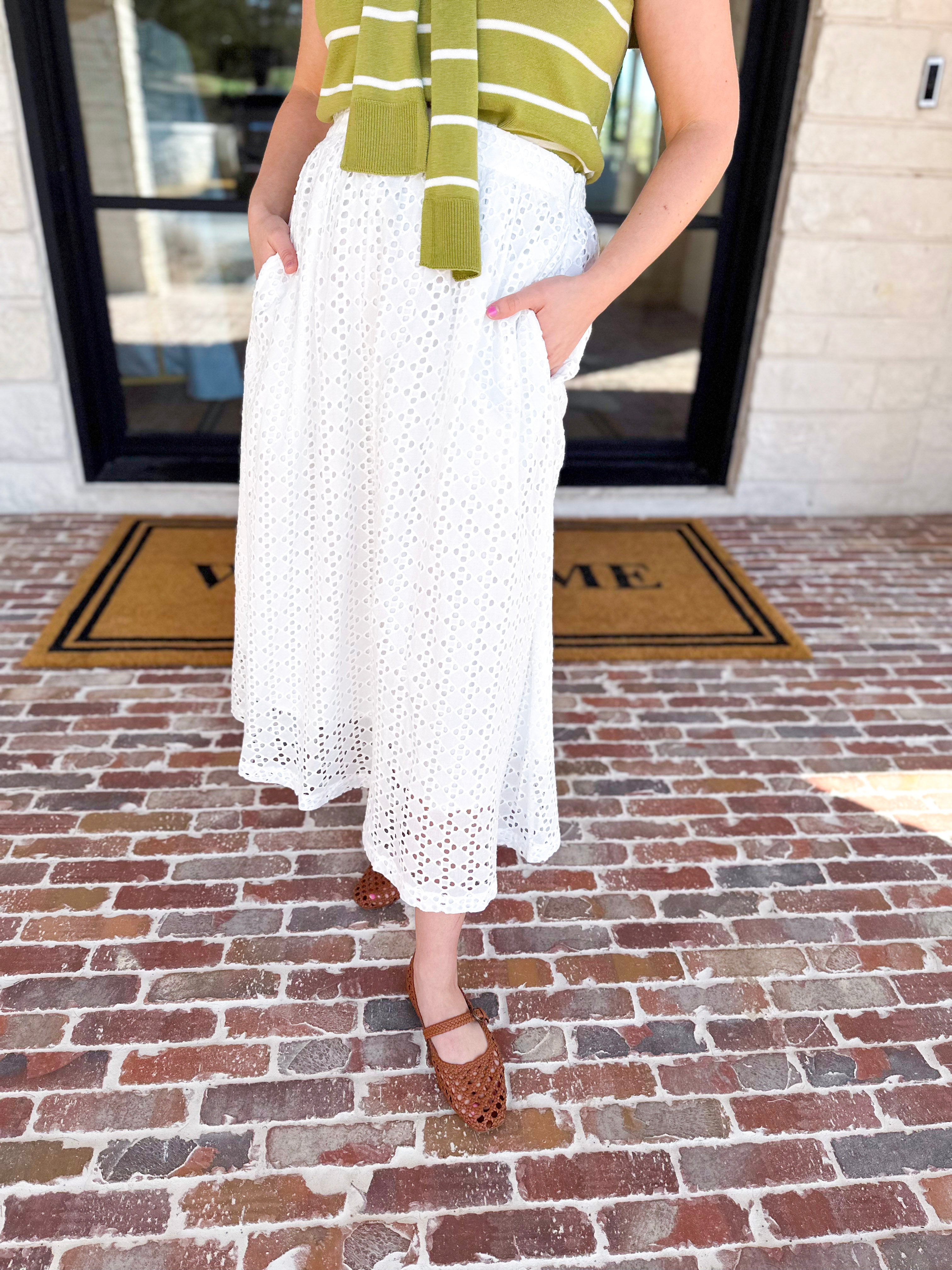 White Eyelet Midi Skirt-410 Shorts/Skirts-ENTRO-July & June Women's Fashion Boutique Located in San Antonio, Texas
