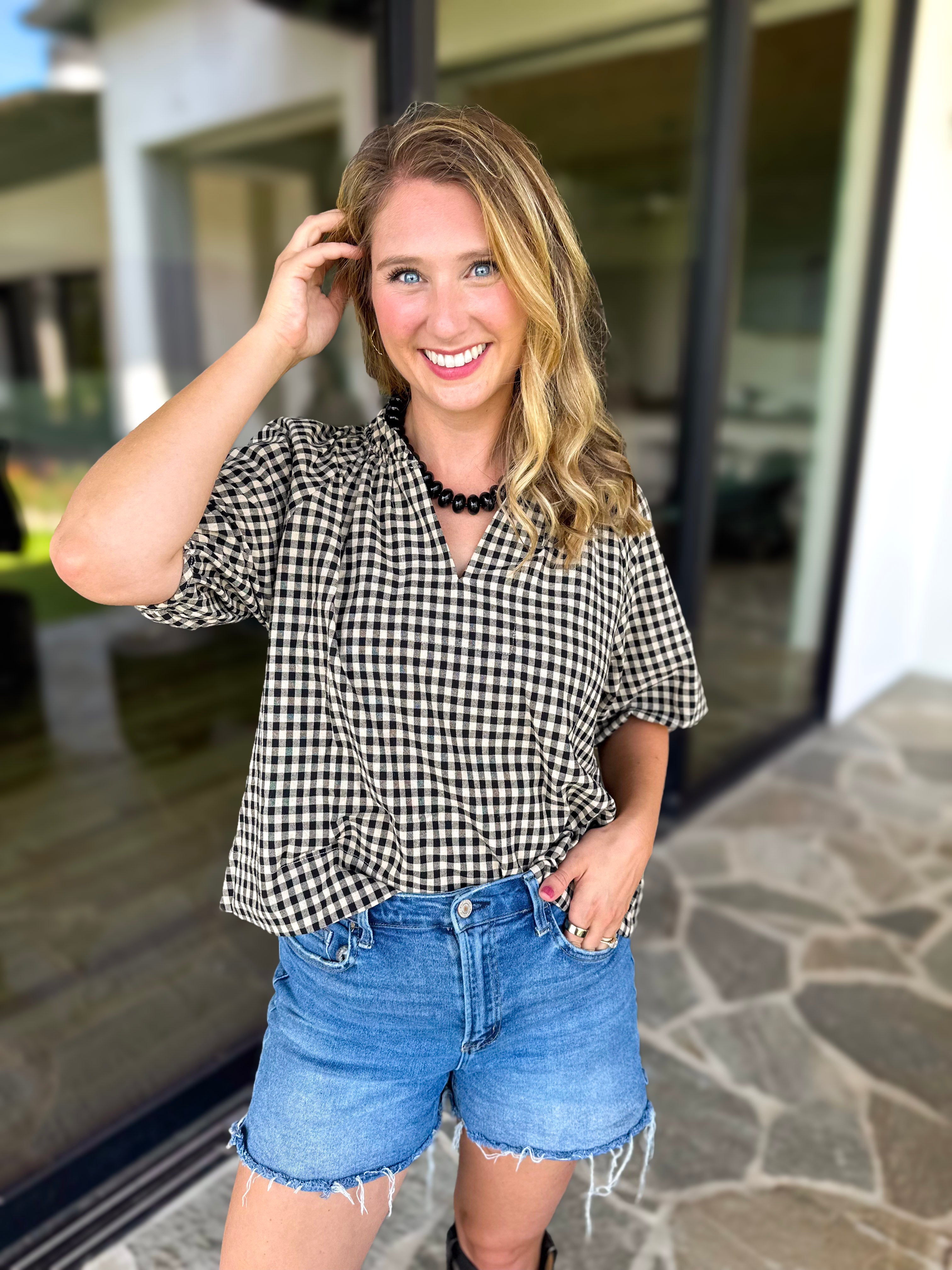 August Gingham Blouse - Black-200 Fashion Blouses-OLIVACEOUS-July & June Women's Fashion Boutique Located in San Antonio, Texas