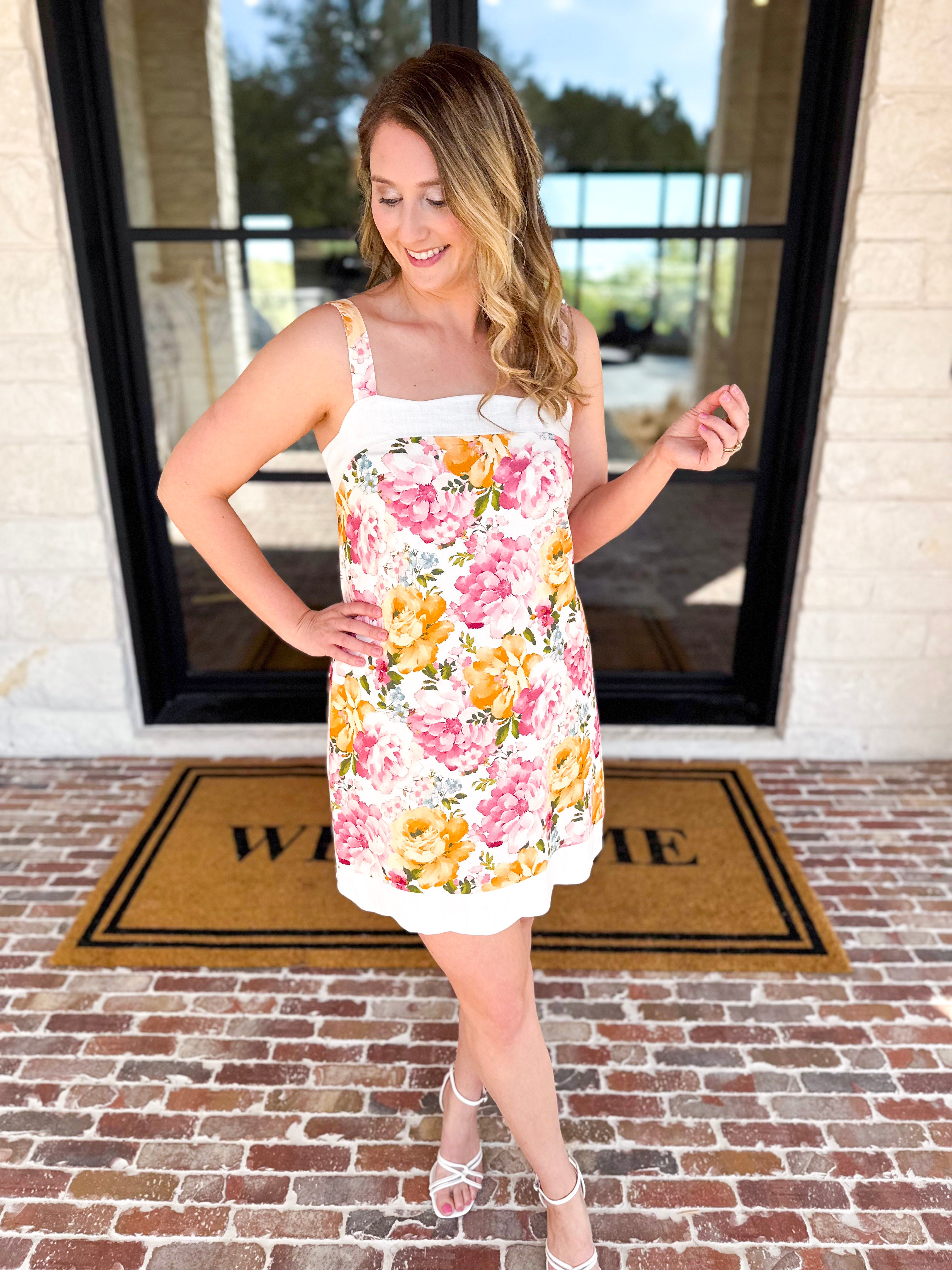 Cream & Floral Scalloped Mini Dress-510 Mini-FATE-July & June Women's Fashion Boutique Located in San Antonio, Texas