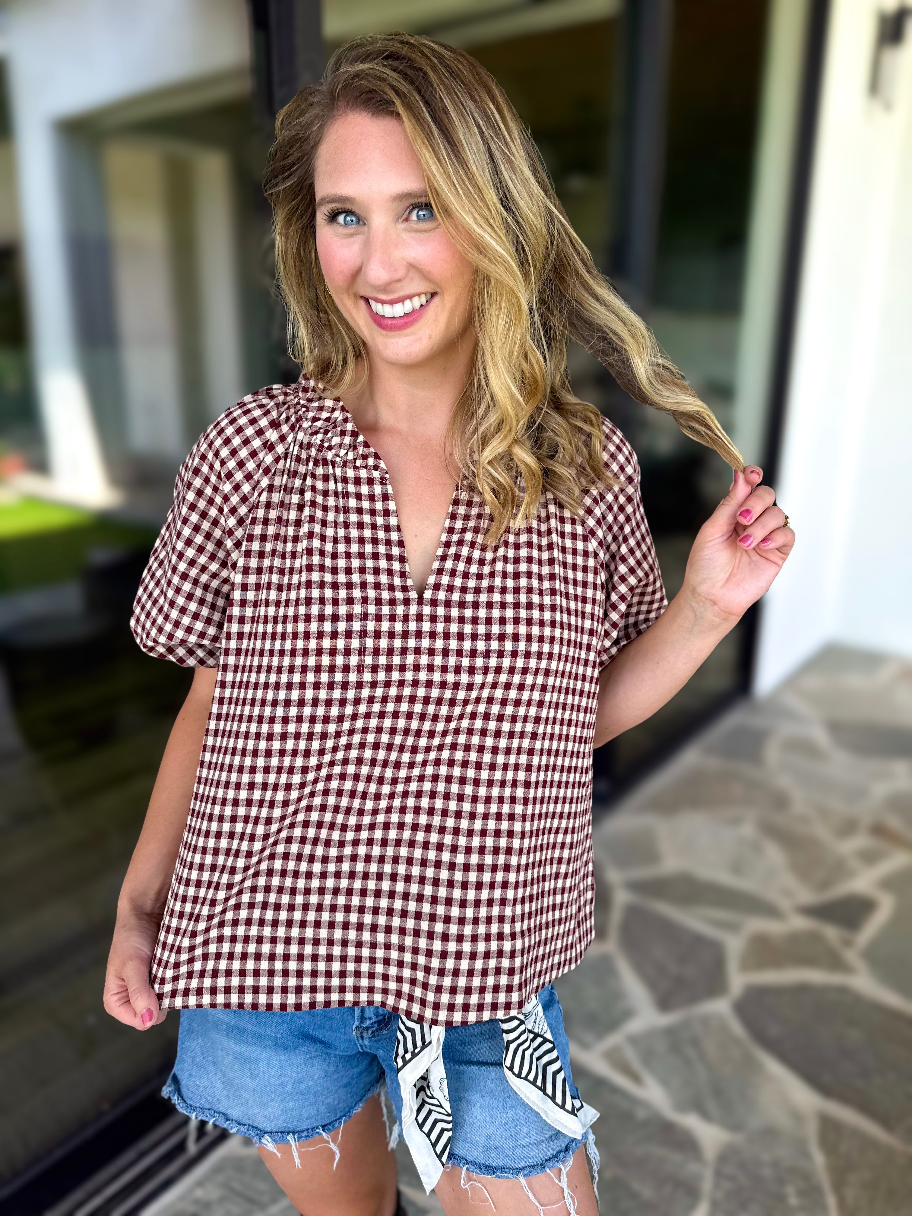 August Gingham Blouse - Maroon-200 Fashion Blouses-OLIVACEOUS-July & June Women's Fashion Boutique Located in San Antonio, Texas