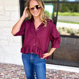 Effortless Ruffle Hem Blouse - Maroon-200 Fashion Blouses-ENTRO-July & June Women's Fashion Boutique Located in San Antonio, Texas