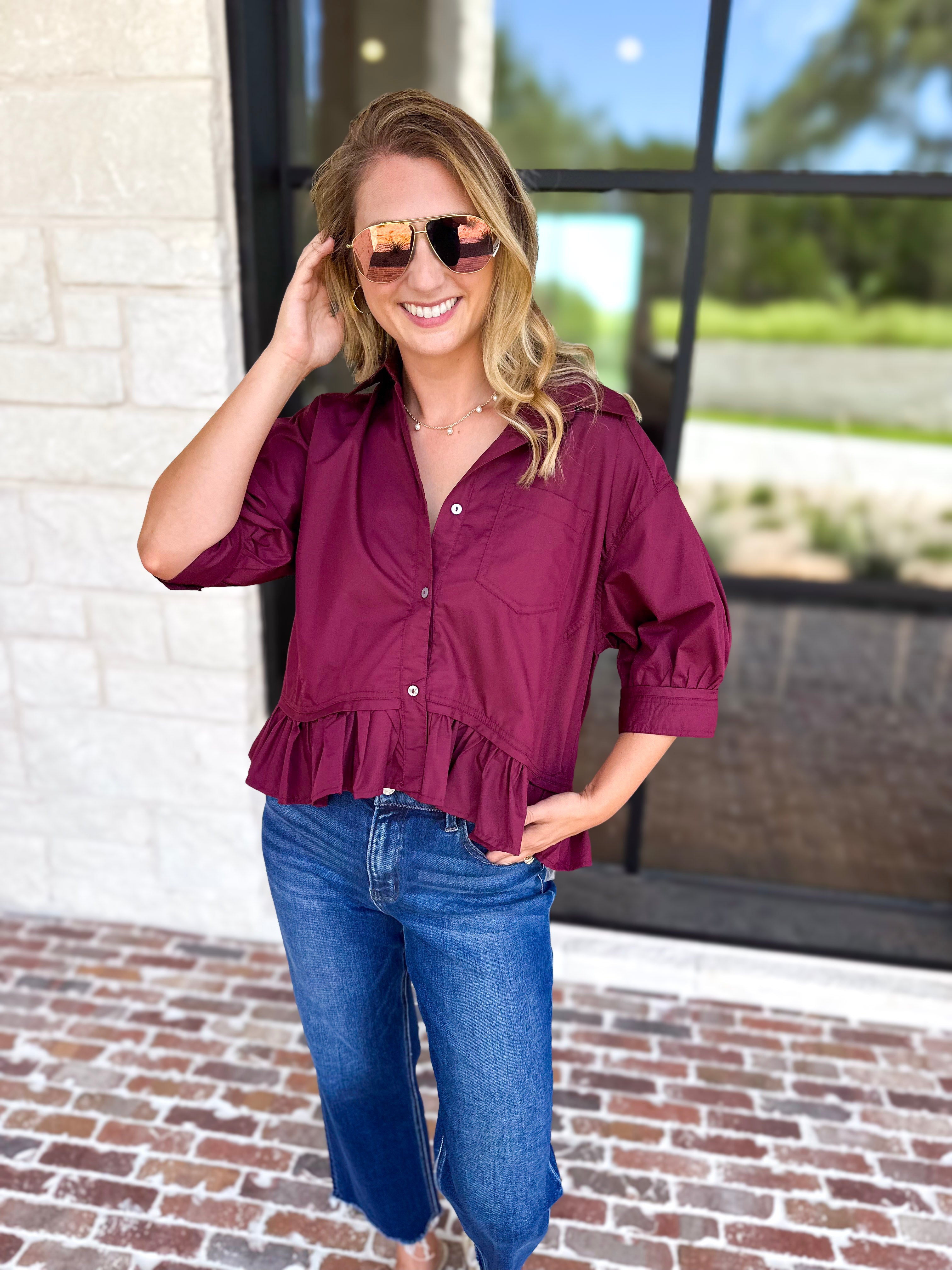Effortless Ruffle Hem Blouse - Maroon-200 Fashion Blouses-ENTRO-July & June Women's Fashion Boutique Located in San Antonio, Texas