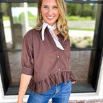 Effortless Ruffle Hem Blouse - Brown-200 Fashion Blouses-ENTRO-July & June Women's Fashion Boutique Located in San Antonio, Texas