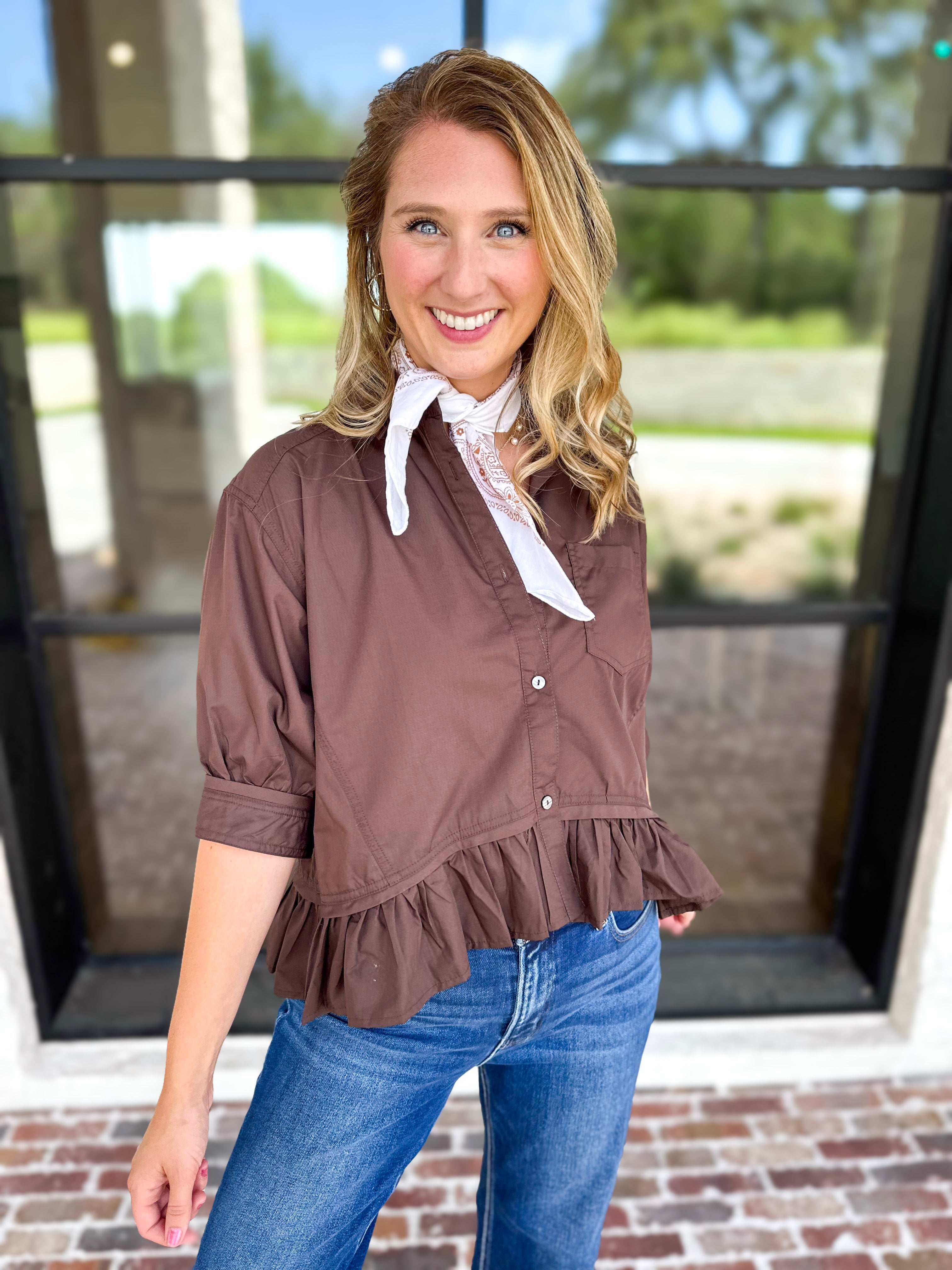 Effortless Ruffle Hem Blouse - Brown-200 Fashion Blouses-ENTRO-July & June Women's Fashion Boutique Located in San Antonio, Texas